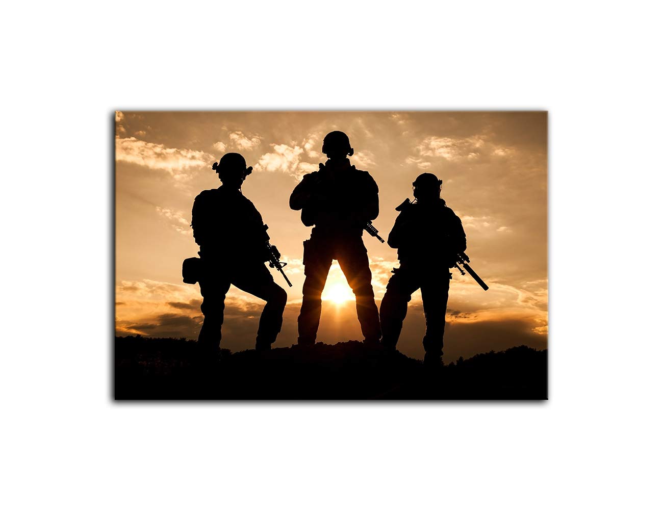 Military Wall Art - Army Troops Silhouette Canvas Painting, Modern Soldiers Wall Decor Poster Print, Framed Ready to Hang - Perfect for Living Room, Bedroom, Home & Office Decor