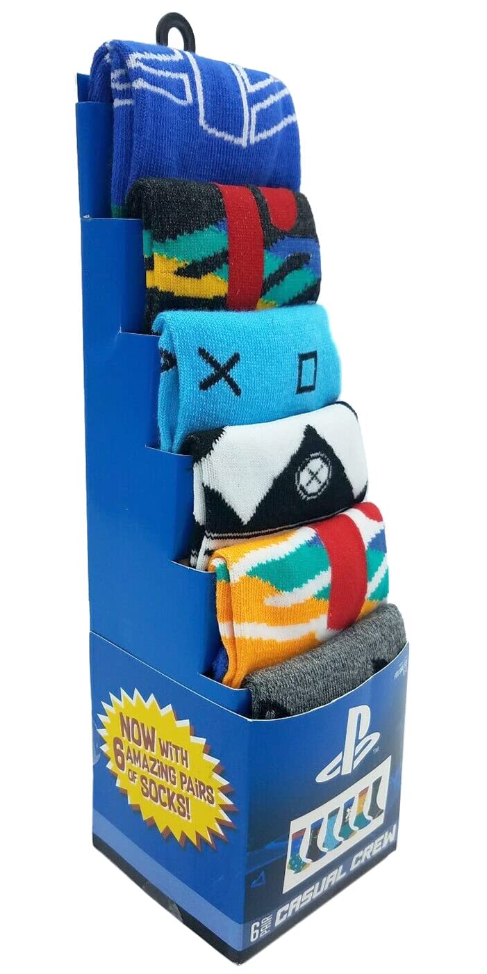 PlayStation Video Game Socks for Men - 6 Pack Crew Socks with Gaming Patterns - Comfortable Cotton Socks for Gamers, Casual Wear & Gift Giving