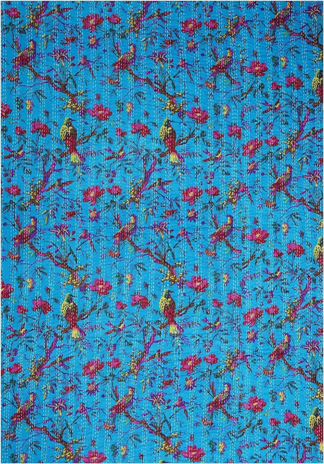 Handmade Cotton Kantha Quilt - Indian Bedspread & Throw Blanket with Bird Print, Reversible Design (Twin Size 60x90 Inches, Turquoise) - Perfect for Bedroom Decor, Sofa Cover, and Cozy Home Use