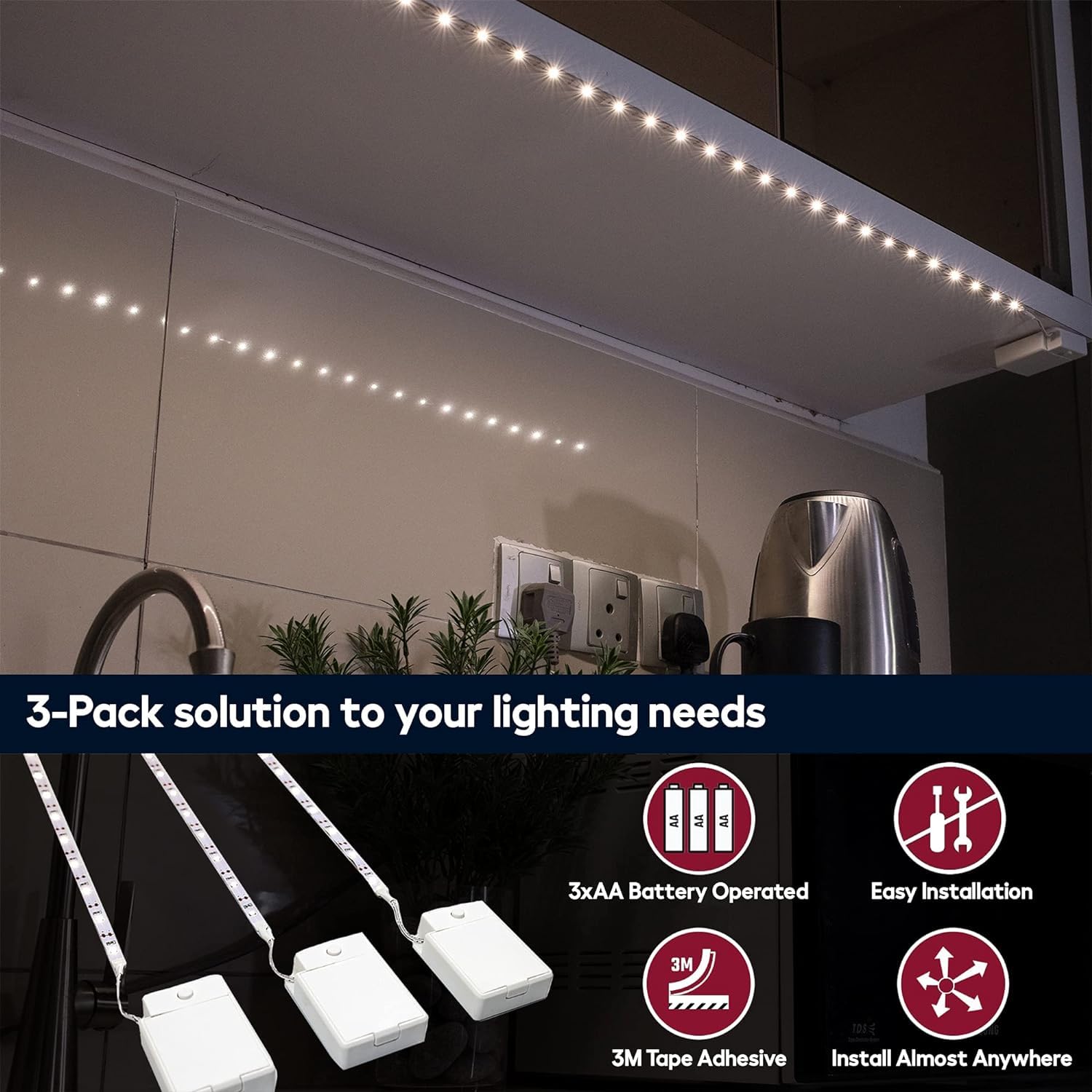 Battery Powered LED Strip Lights - 3 Pack 40 Inch Cordless LED Light Strips Warm White 2700K for Shelves, Under Cabinet, Closet, Bedroom & Home Decor - Indoor Use, DIY Lighting Solution