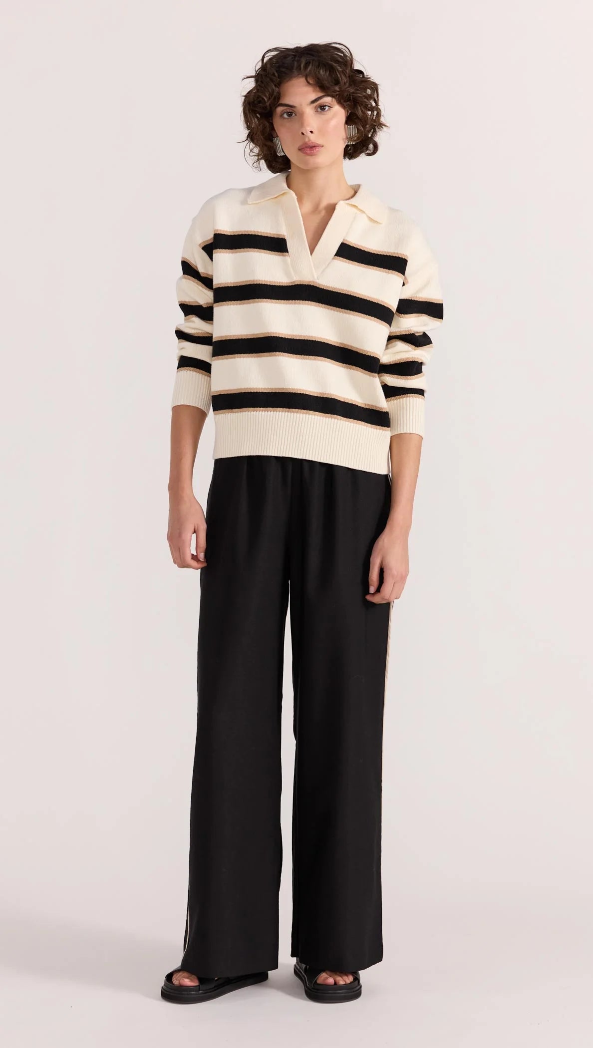 Hudson Cream Black Stripe Polo Sweater for Men - Classic Cotton Knit Pullover for Casual Wear & Office Outfits