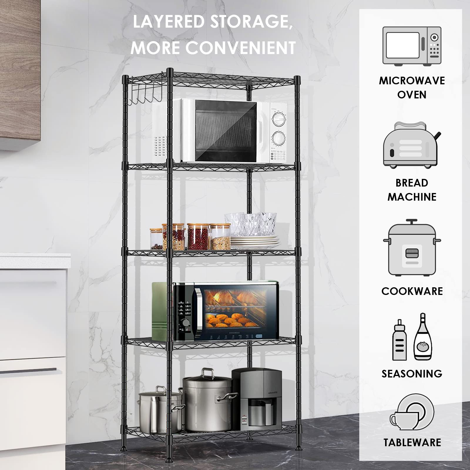 5-Tier Adjustable Wire Shelving Rack - Heavy Duty Metal Storage Shelves with Leveling Feet - 11.5