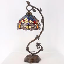 Tiffany Style Stained Glass Table Lamp with Blue & Yellow Dragonfly Design - Metal Leaf Base, 8x10x21 Inches - Perfect for Bedroom, Home Office, Living Room Decor - S128 Series