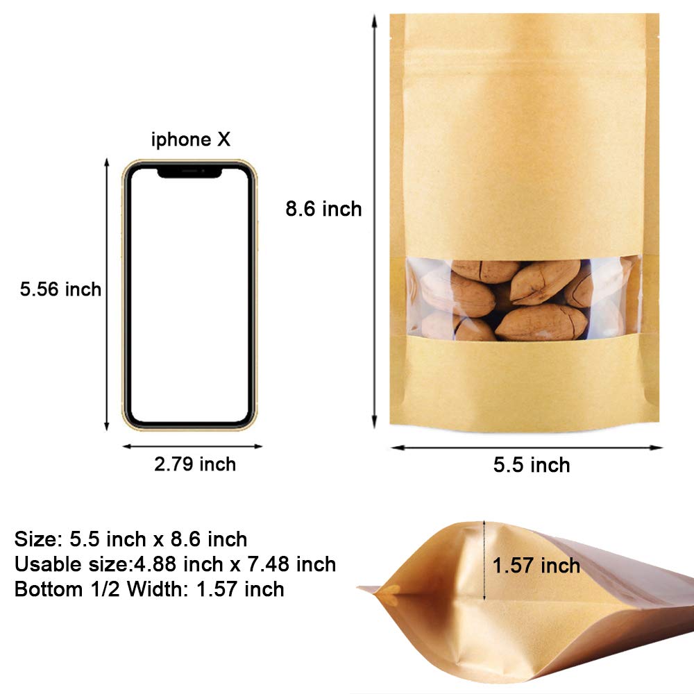 100 Pcs Kraft Paper Stand Up Bags with Resealable Zipper & Clear Window - 5.5