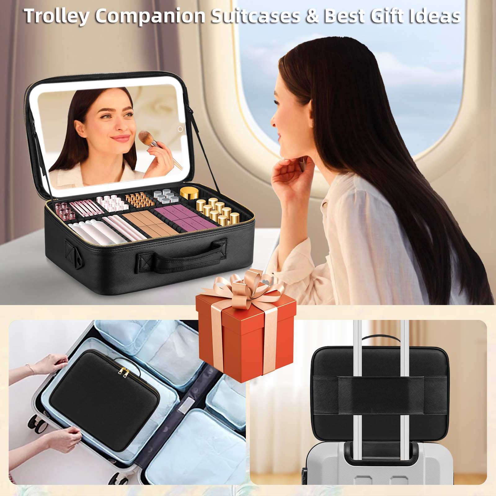 Large Travel Makeup Bag with LED Mirror - 3-Color Adjustable Dimming, Detachable Stand Mirror, Adjustable Dividers & Brush Holder | Perfect for Travel, Home Vanity & Professional Makeup Artists (Black)