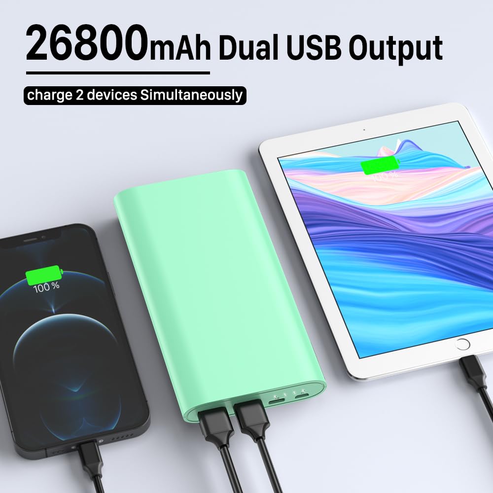 26800mAh Portable Charger Power Bank with USB-C & Dual USB Fast Charging - Compatible with iPhone 16/15/14/11 Pro Max/XS/XR, iPad, AirPods, Samsung Galaxy S23/S22, Google Pixel 6 & Android Phones - Green | Perfect for Travel, Camping & Emergency Power Backup