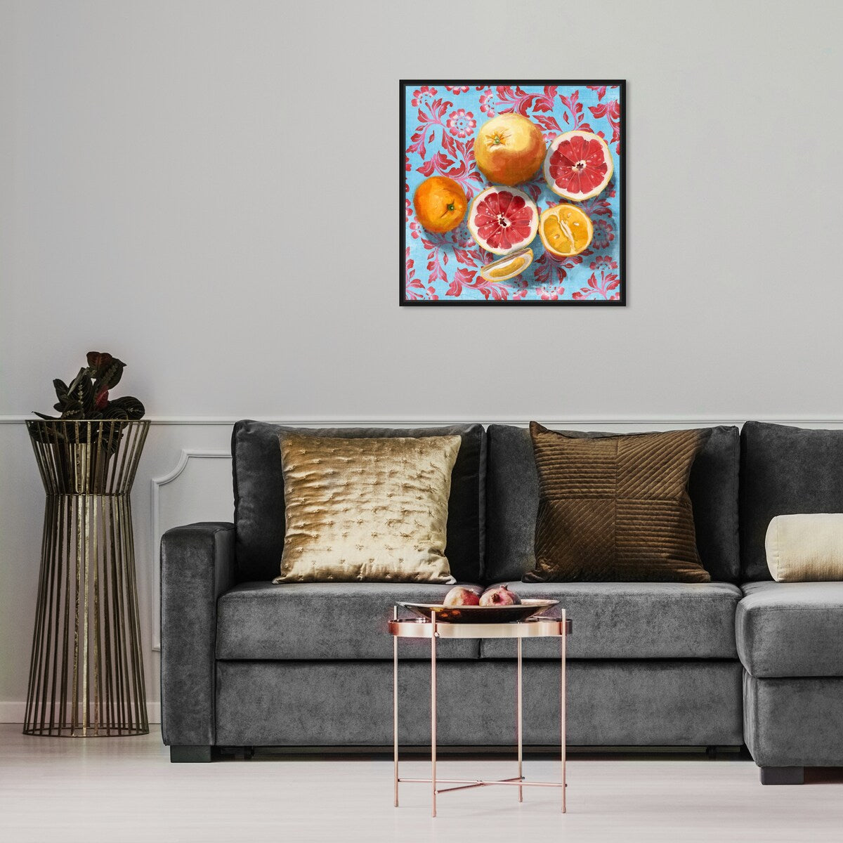 Tropical Citrus Still Life Blue Framed Canvas Wall Art Print - Kitchen Decor, Cabin & Lodge Decor - Perfect for Home, Office & Dining Room