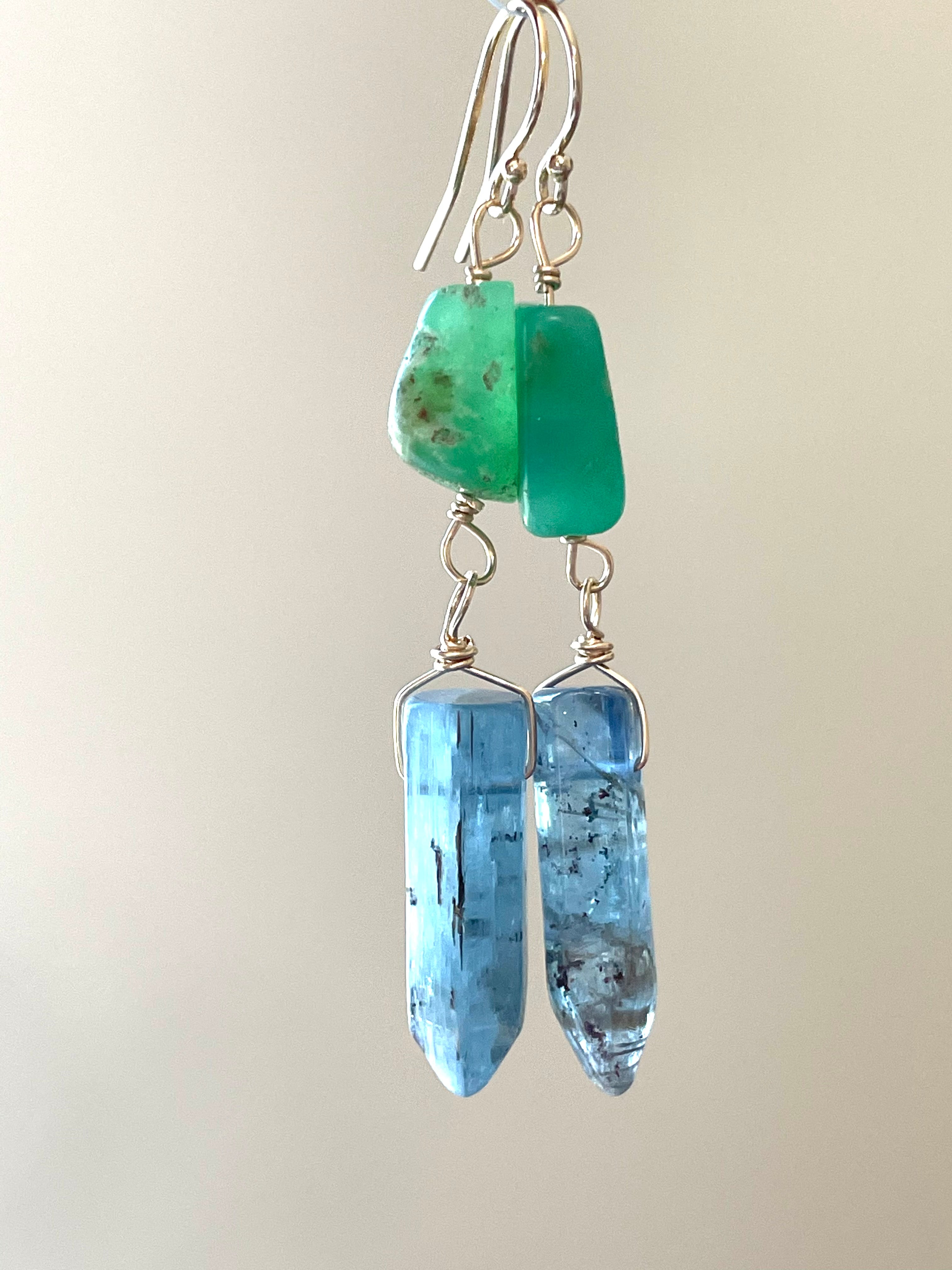 Natural Blue Kyanite & Chrysoprase Crystal Earrings - 14K Gold Filled Dangle Earrings for Women - Healing Stone Jewelry for Meditation, Yoga & Spiritual Gifts