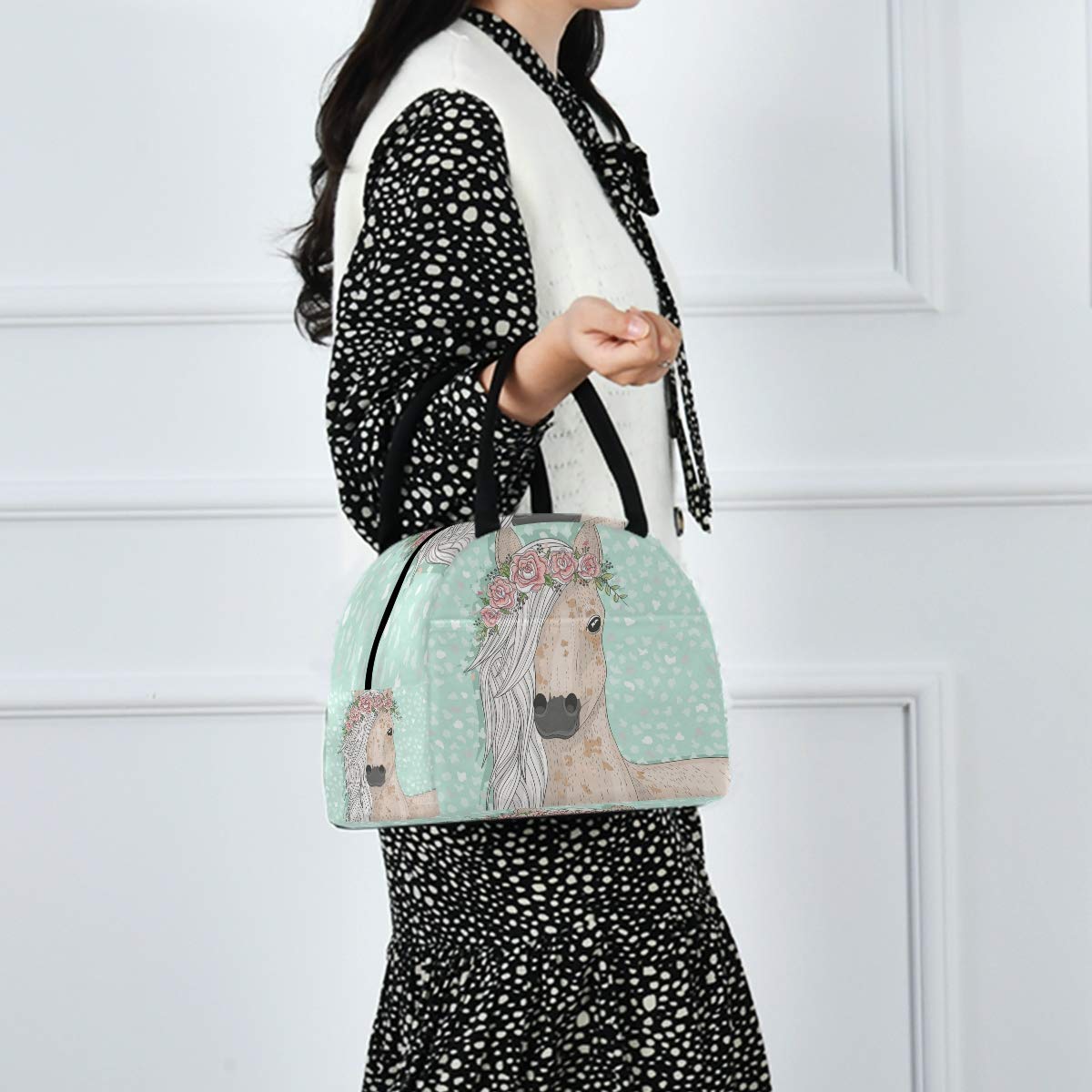 Insulated Lunch Bag for Women - Flower Horse Design Cooler Tote Bag for Work, School & Picnics | Leakproof & Thermal Insulation Lunch Box for Office, Travel & Outdoor Activities