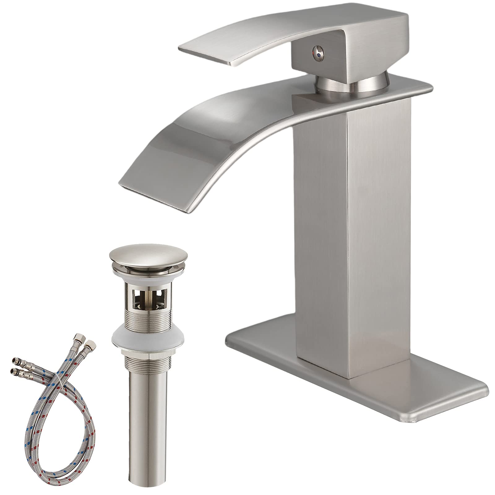 BWE Brushed Nickel Waterfall Bathroom Faucet - Single Handle Vanity Sink for Modern Bathrooms