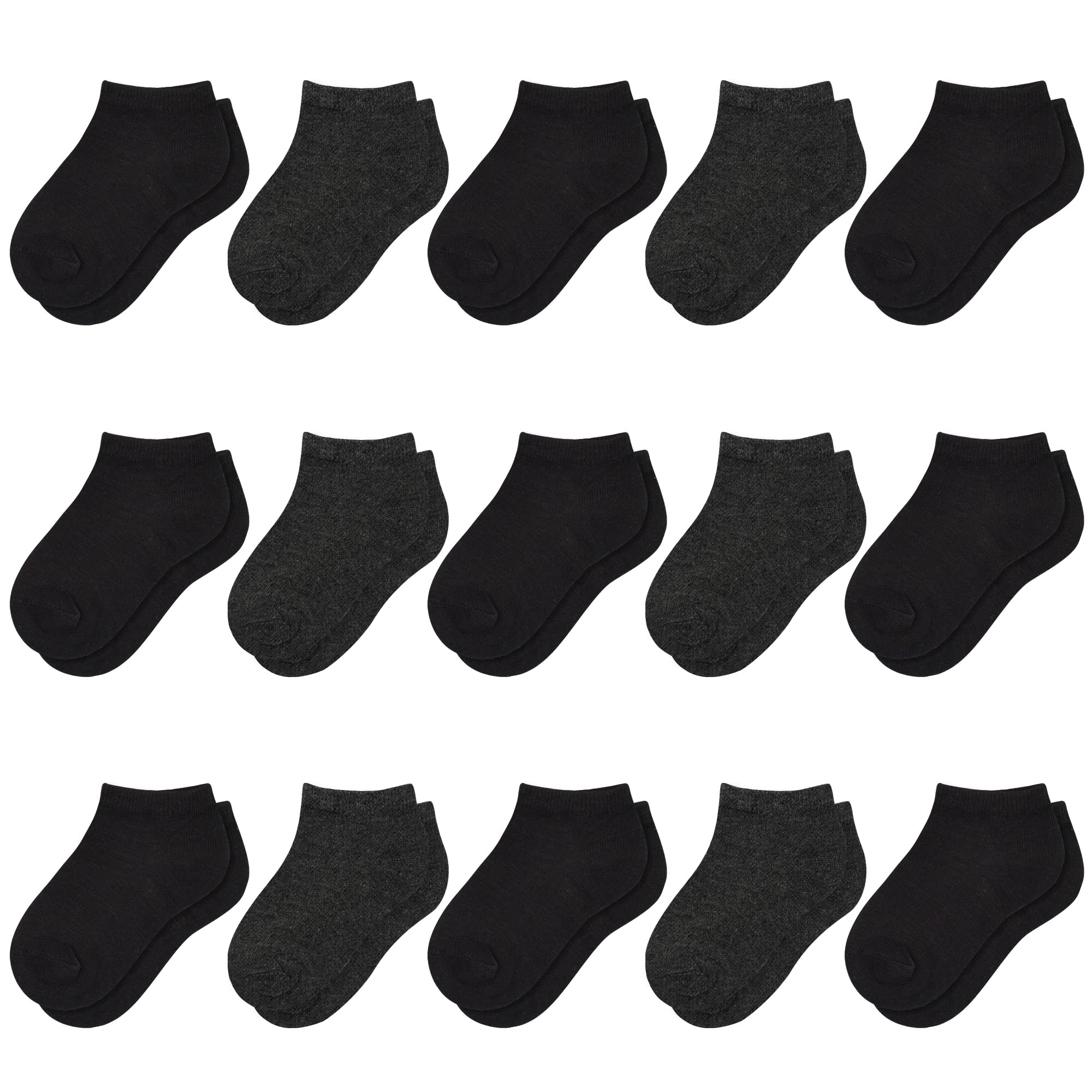 GENTABY Kids Ankle Socks - 15 Pairs Low Cut Toddler Socks for Boys & Girls (1-13 Years) - Black, White, Gray Trainer Socks for School, Sports & Everyday Wear
