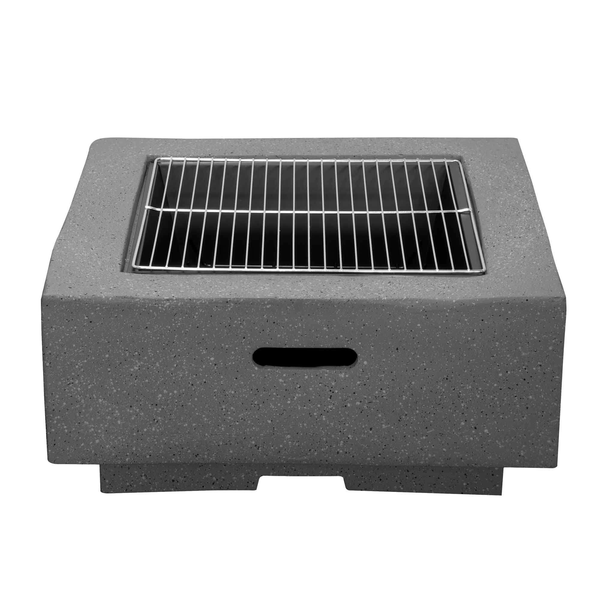 Dark Grey Square MgO Fire Pit with BBQ Grill, Safety Mesh Screen & Fire Poker - Outdoor Camping, Backyard Bonfire, Patio Heating & Grilling