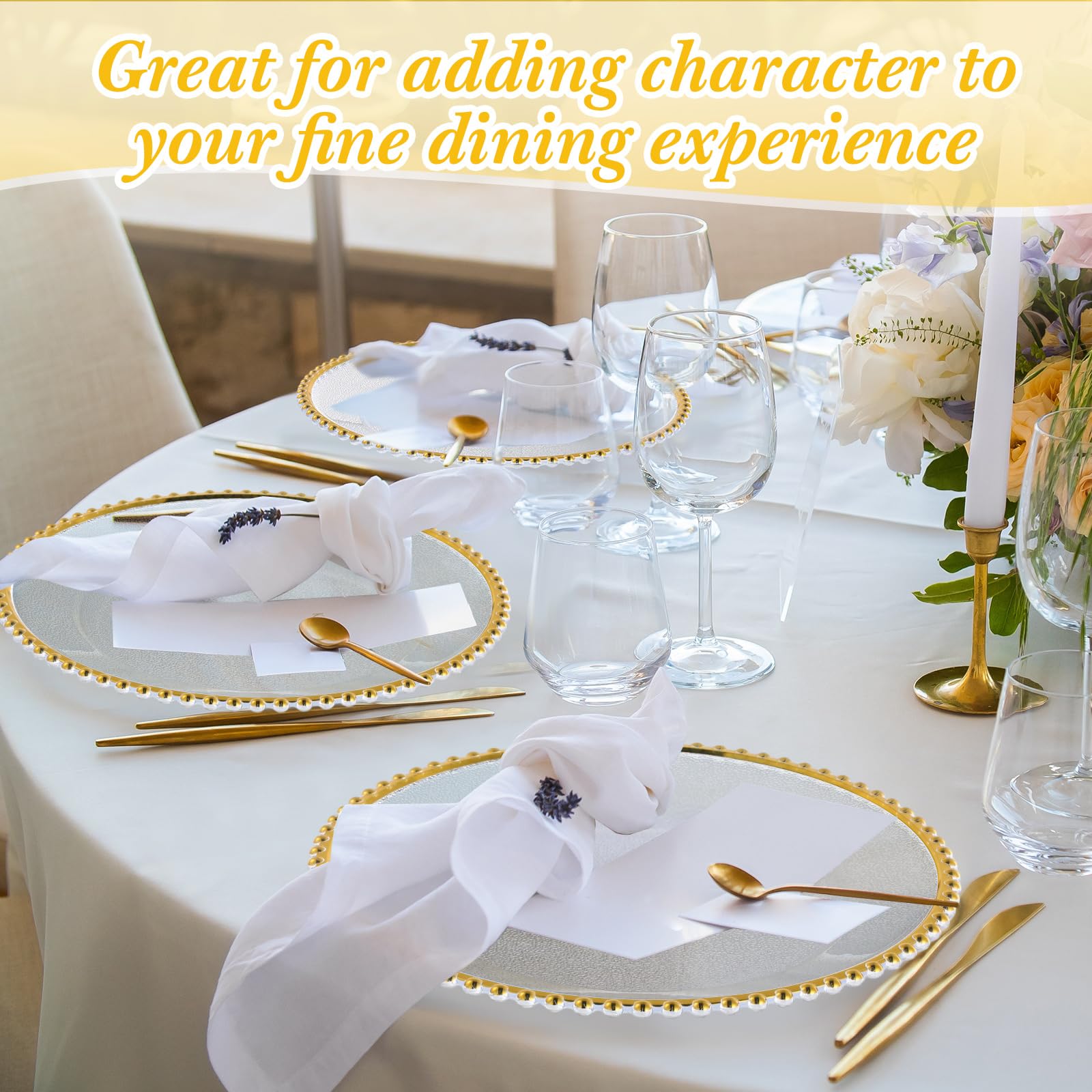 50 Pack Clear Acrylic Charger Plates - 13 Inch Round Plastic Dinner Plates with Beaded Edge & Frosted Grain for Weddings, Parties, Events - Elegant Gold Decorative Service Plates for Home, Kitchen & Tabletop Decor