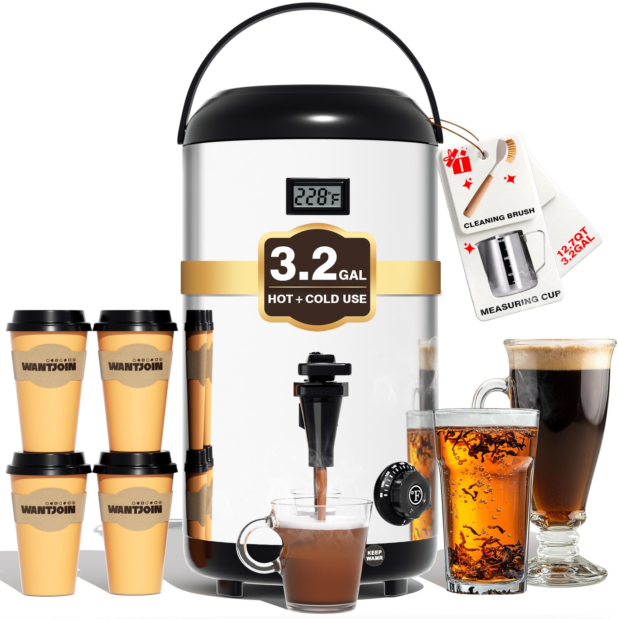 WantJoin 12L/3.2 Gallon Stainless Steel Electric Beverage Dispenser - Hot & Cold Water Urn with Spigot for Coffee, Tea, Milk, Juice - Perfect for Offices, Cafes, Parties and Events (Silver)