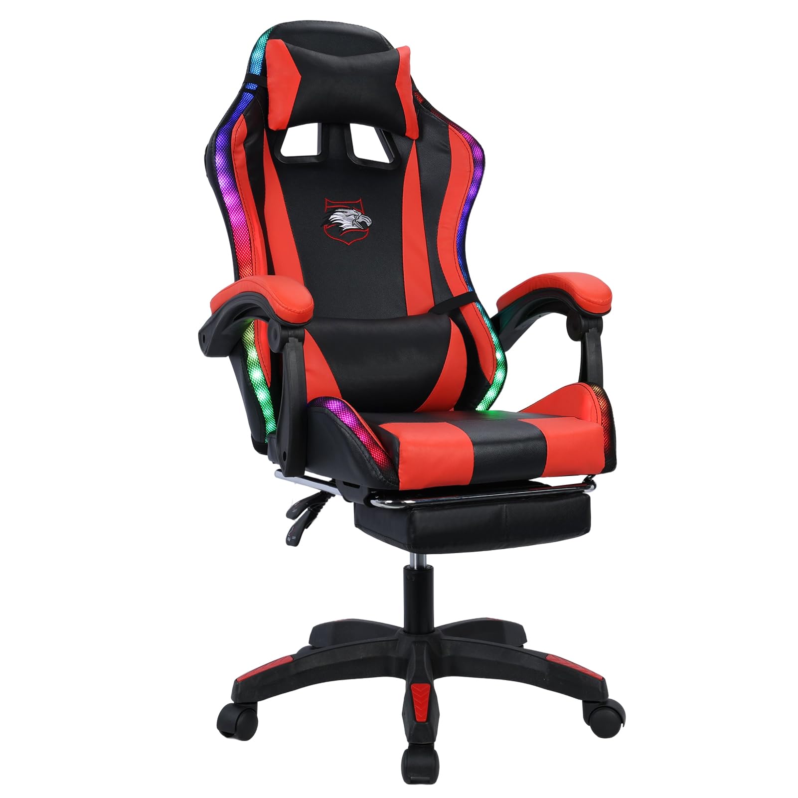 Ergonomic Gaming Chair with Built-in Speakers & RGB LED Lights, Adjustable Height & Lumbar Support - Black & Red - Perfect for PC Gaming, Streaming & Home Office Setup