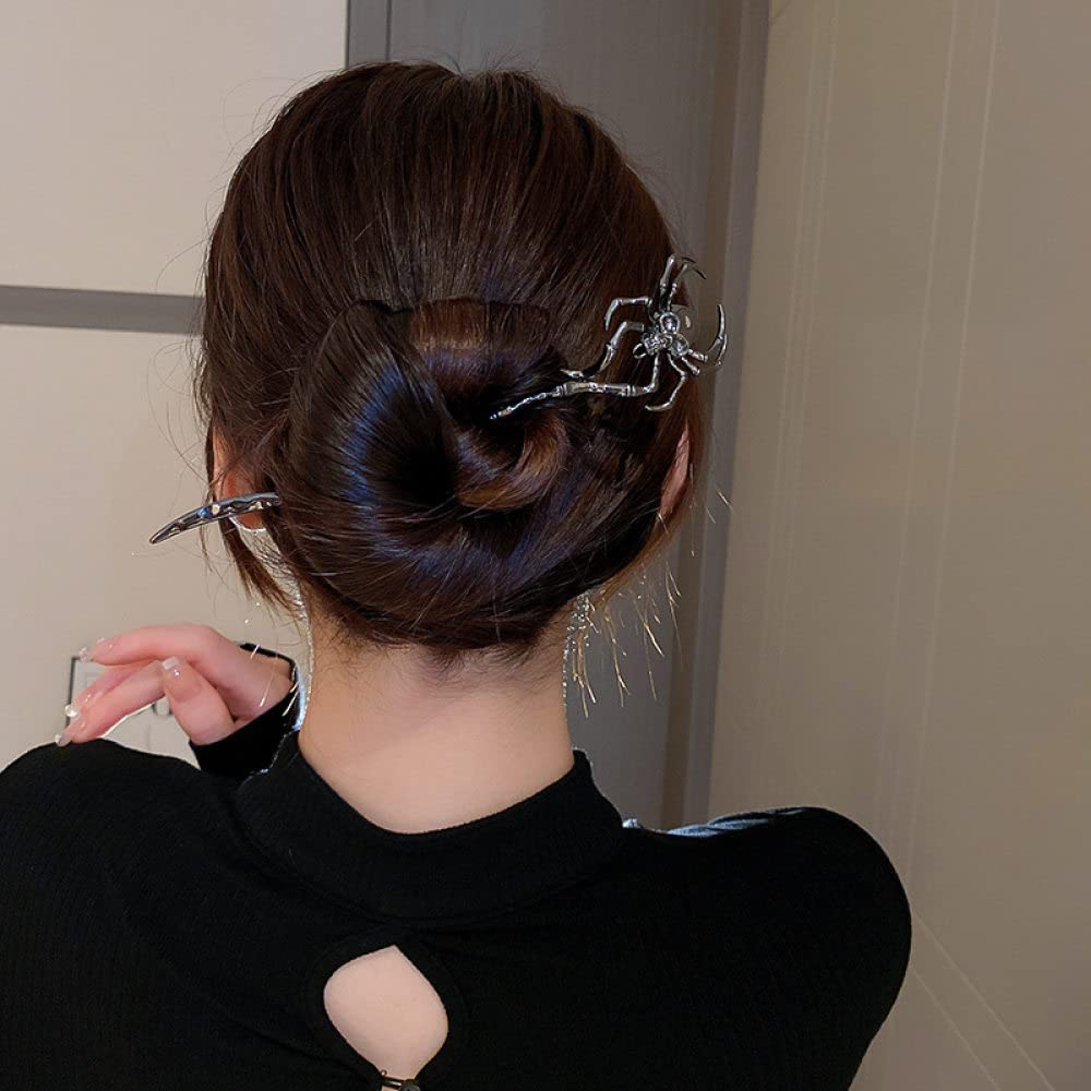 Spider Skull Hair Sticks - Gothic Metal Hair Pins for Women's Buns | Halloween Hair Accessories