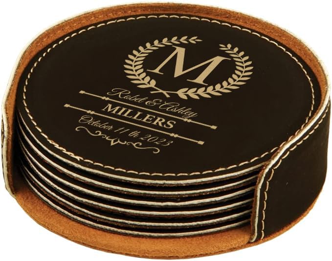 Custom Leather Coasters Set of 6 - Wedding & Anniversary Gifts for Couples - Bar & Home Decor