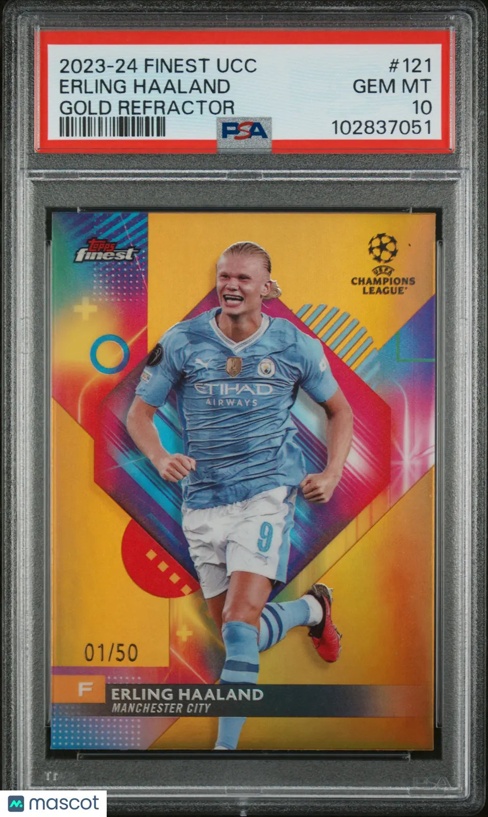 2023-24 Topps Finest UEFA Champions League Erling Haaland Gold Refractor PSA 10 Gem Mint 1/50 - Rare Soccer Trading Card for Collectors & Investors