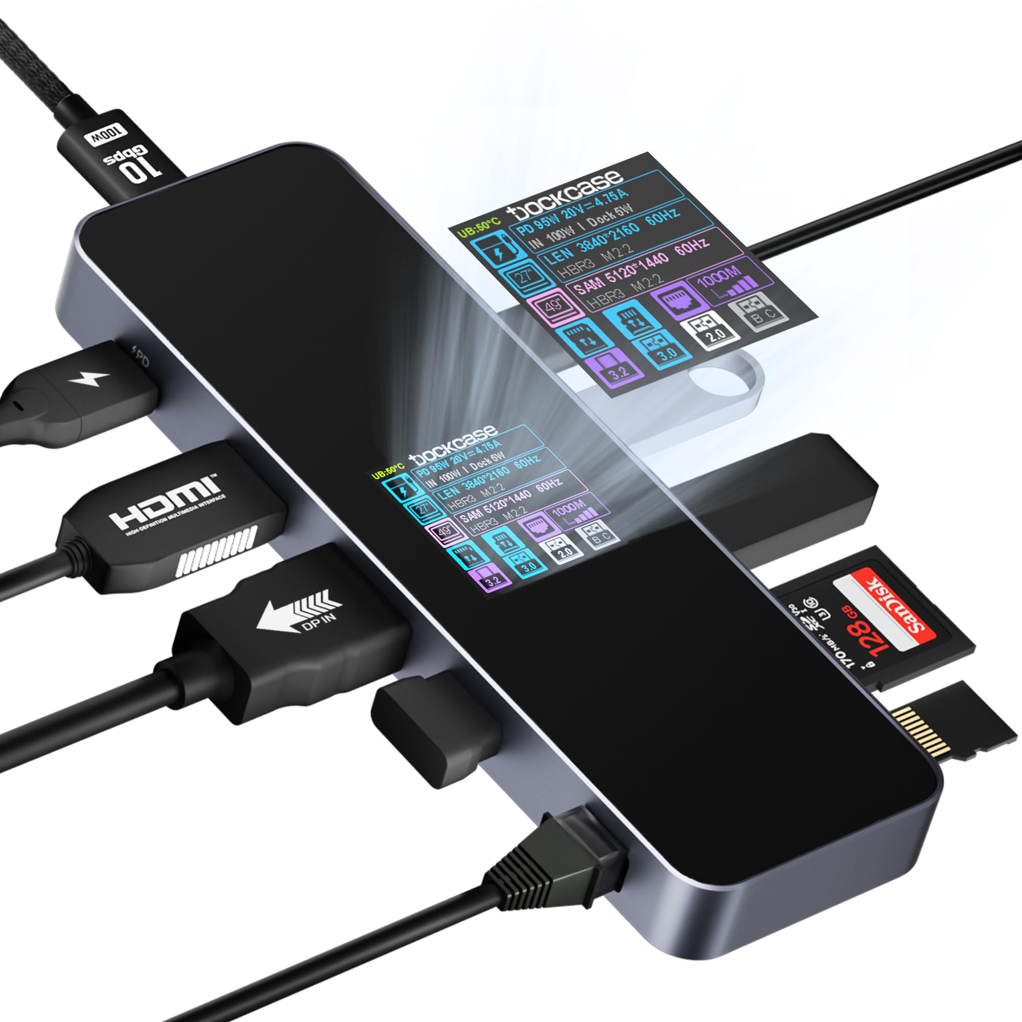 DOCKASE 10-in-1 Smart USB-C Hub with Dual 4K@60Hz HDMI, 100W PD 3.0 Charging, Ethernet Port, USB 3.2 & USB 2.0 Ports, UHS-II SD/TF Card Reader - Compatible with MacBook Pro/Air, Dell XPS (Gray) - Perfect for Home Office, Gaming & Multi-Monitor Setup
