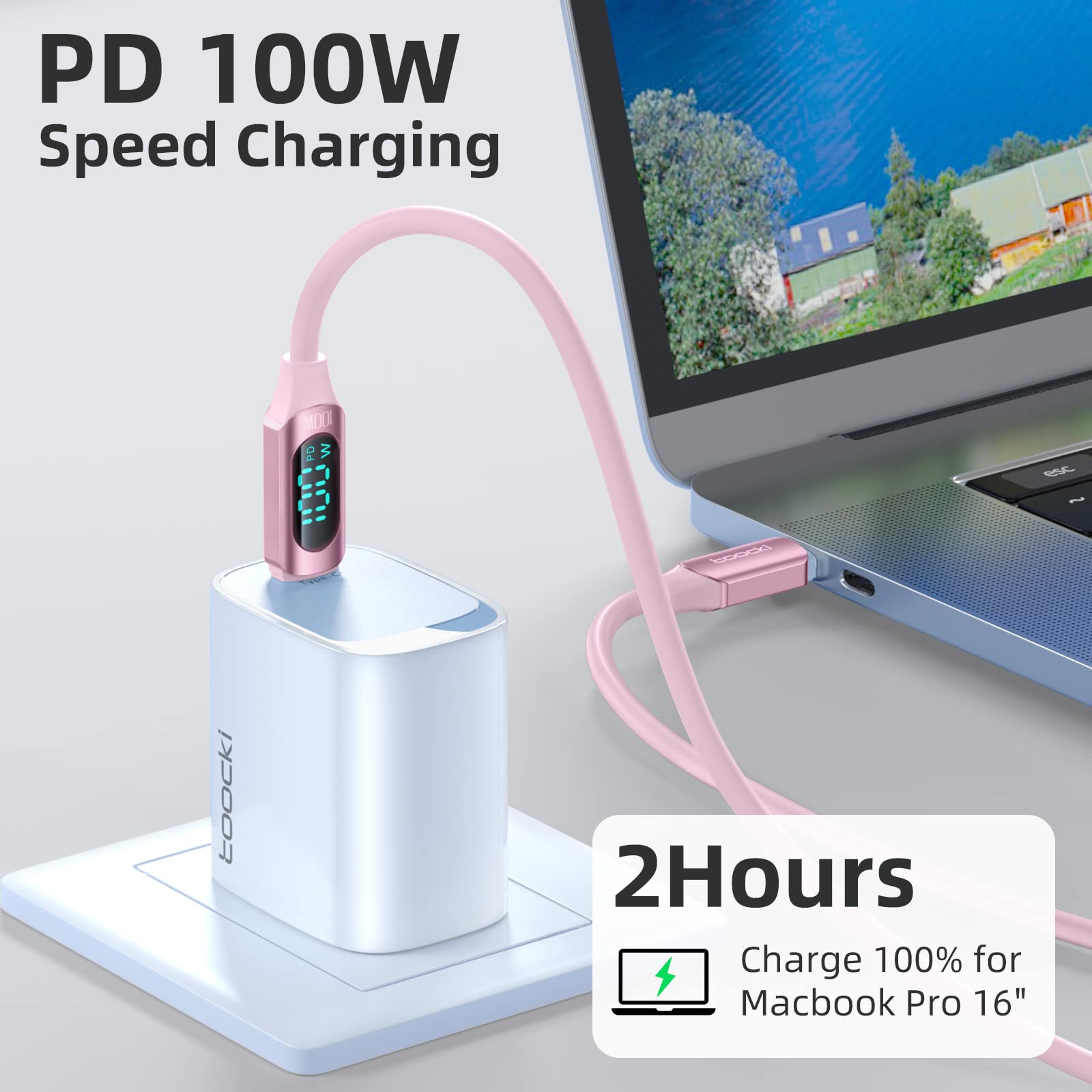 6.6FT 100W USB C to USB C Fast Charging Cable - 5A USB 2.0 Type C Charger with LED Display - Compatible with iPhone 15/15 Plus/15 Pro/15 Pro Max - Durable Silicone Cable for Home, Office & Travel Charging