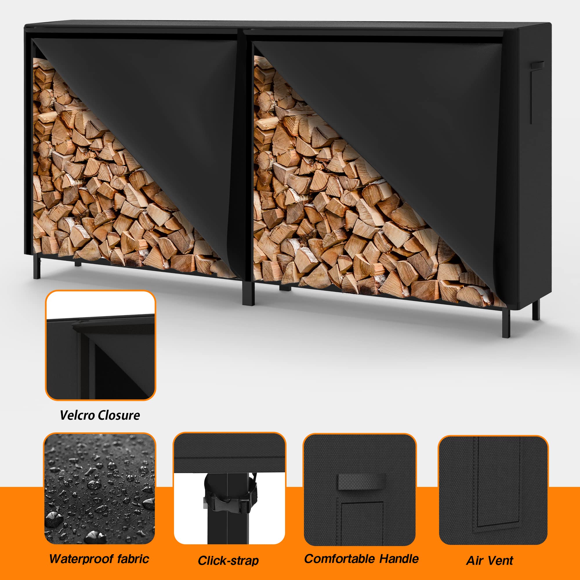 8ft Firewood Rack with Oxford Fabric Cover - Indoor/Outdoor Weather Resistant Fireplace Wood Storage - Perfect for Patio, Deck, Garage, and Backyard Firewood Organization