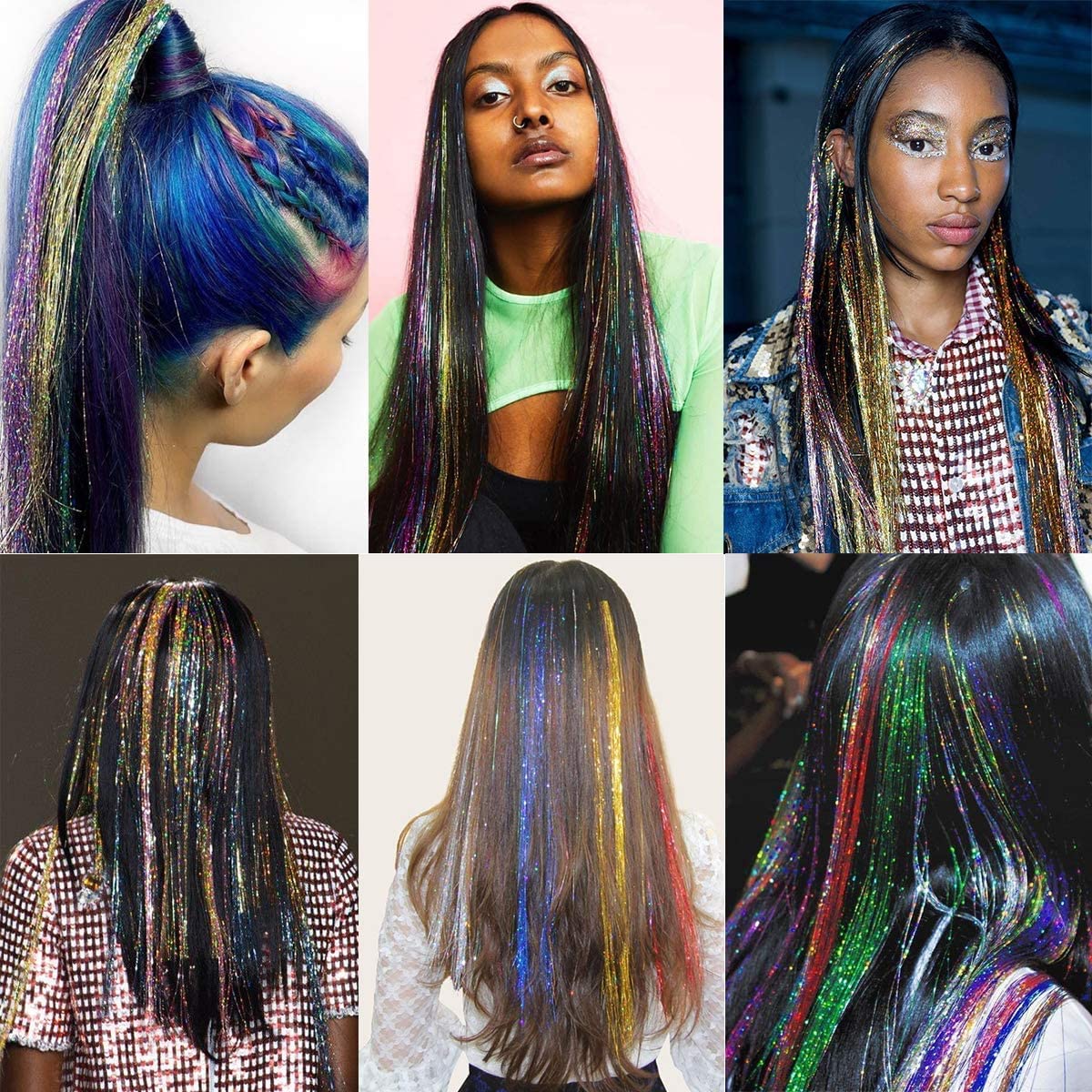 Ayushicreationa Glitter Hair Tinsel Extensions - 6 Color Pack of Holographic Sparkle Shiny Straight Hair Strands for Women & Girls | Perfect for Parties, Festivals, Cosplay and Special Occasions