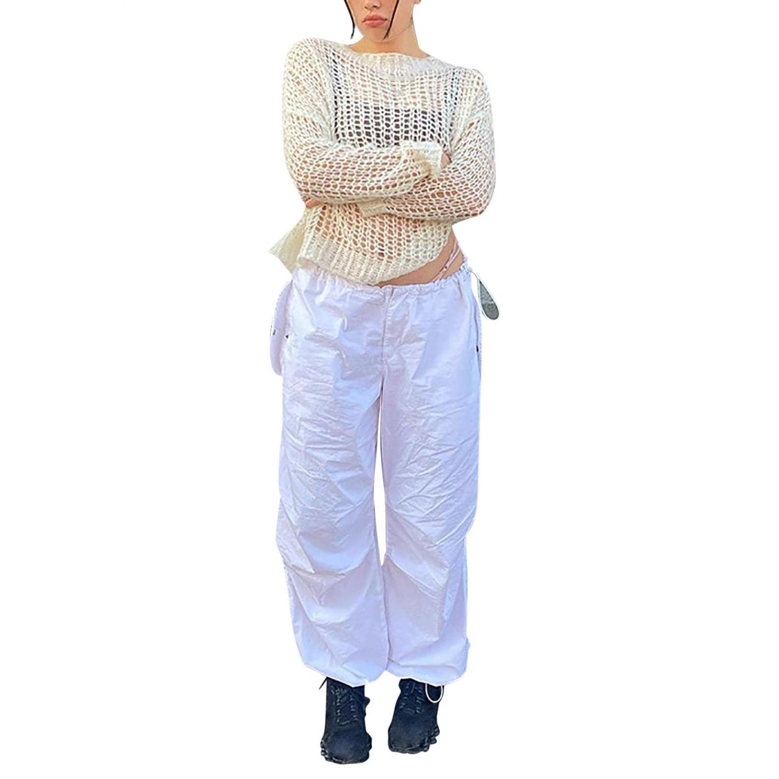 Women's Baggy Cargo Pants with Elastic Waist - Mid Rise Hiking & Lounge Pants for Casual Wear, Outdoor Adventures & Yoga