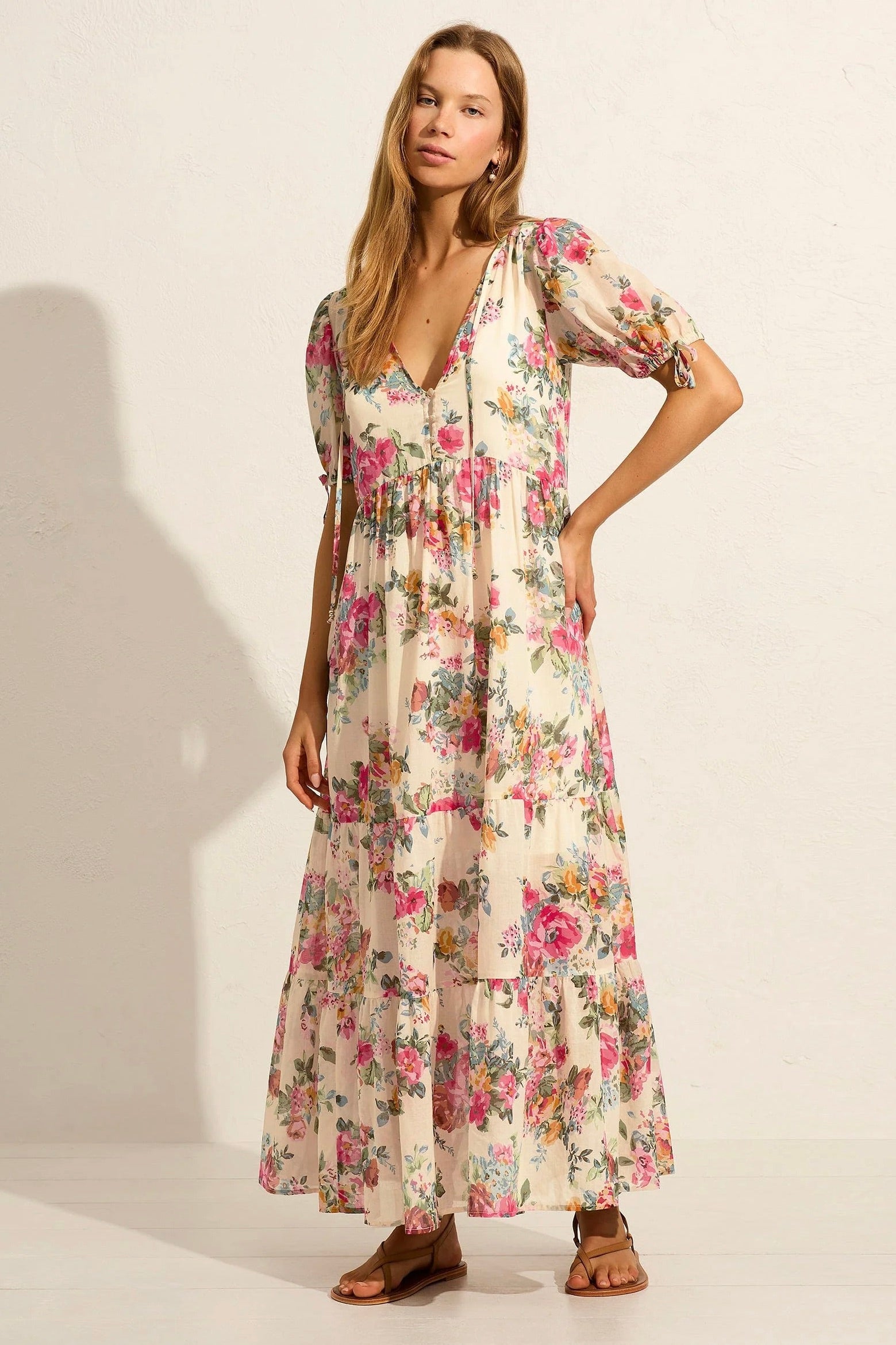 Evie Off White Floral Puff Sleeve Midi Dress - Elegant Summer Wedding Guest Dress for Women, Perfect for Garden Parties & Brunch Dates