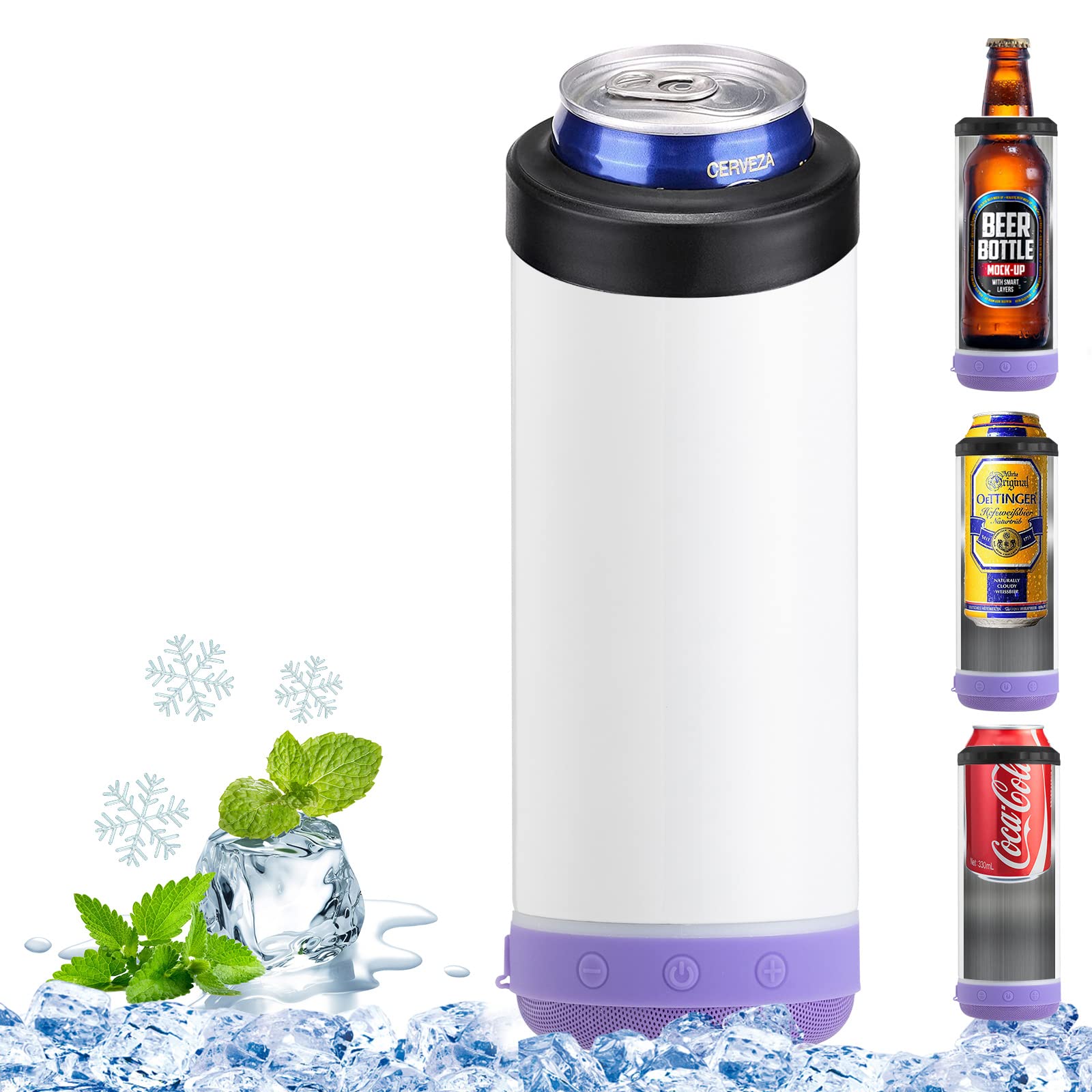 INSTOME 4-in-1 Sublimation Can Cooler with Bluetooth Speaker - 16oz Insulated Music Can Cooler with Detachable LED Light for Beer, Soda & Cocktails - Perfect for Summer Beach Parties, Poolside Drinks & Outdoor BBQs (Purple)