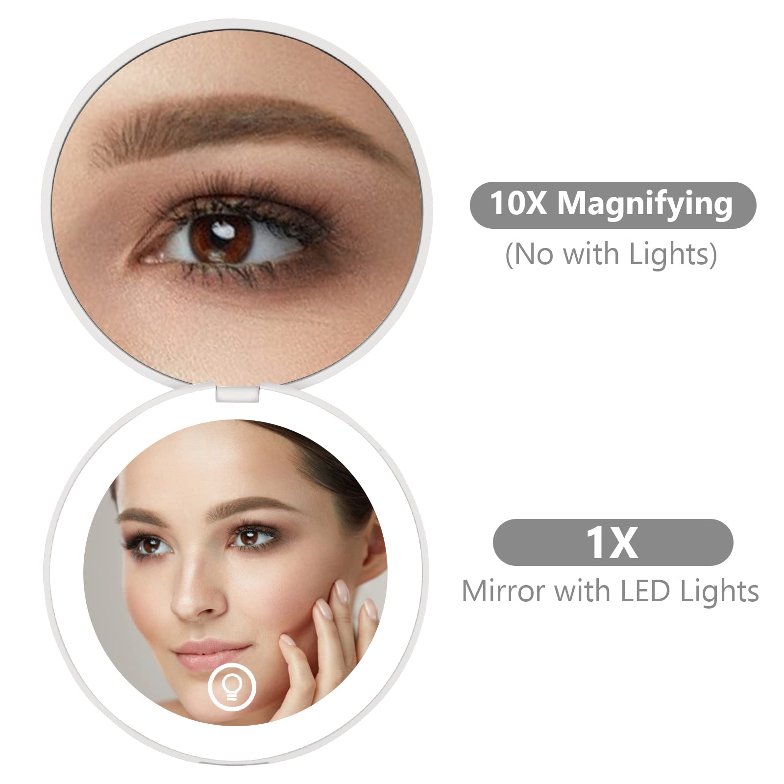 Kintion Rechargeable LED Compact Mirror with Light - 1X/10X Magnification, 2-Sided Folding Travel Makeup Mirror, Portable Pocket Mirror for Women, Perfect Gift (White) | Ideal for Travel, Home, Office & On-the-Go Touch Ups
