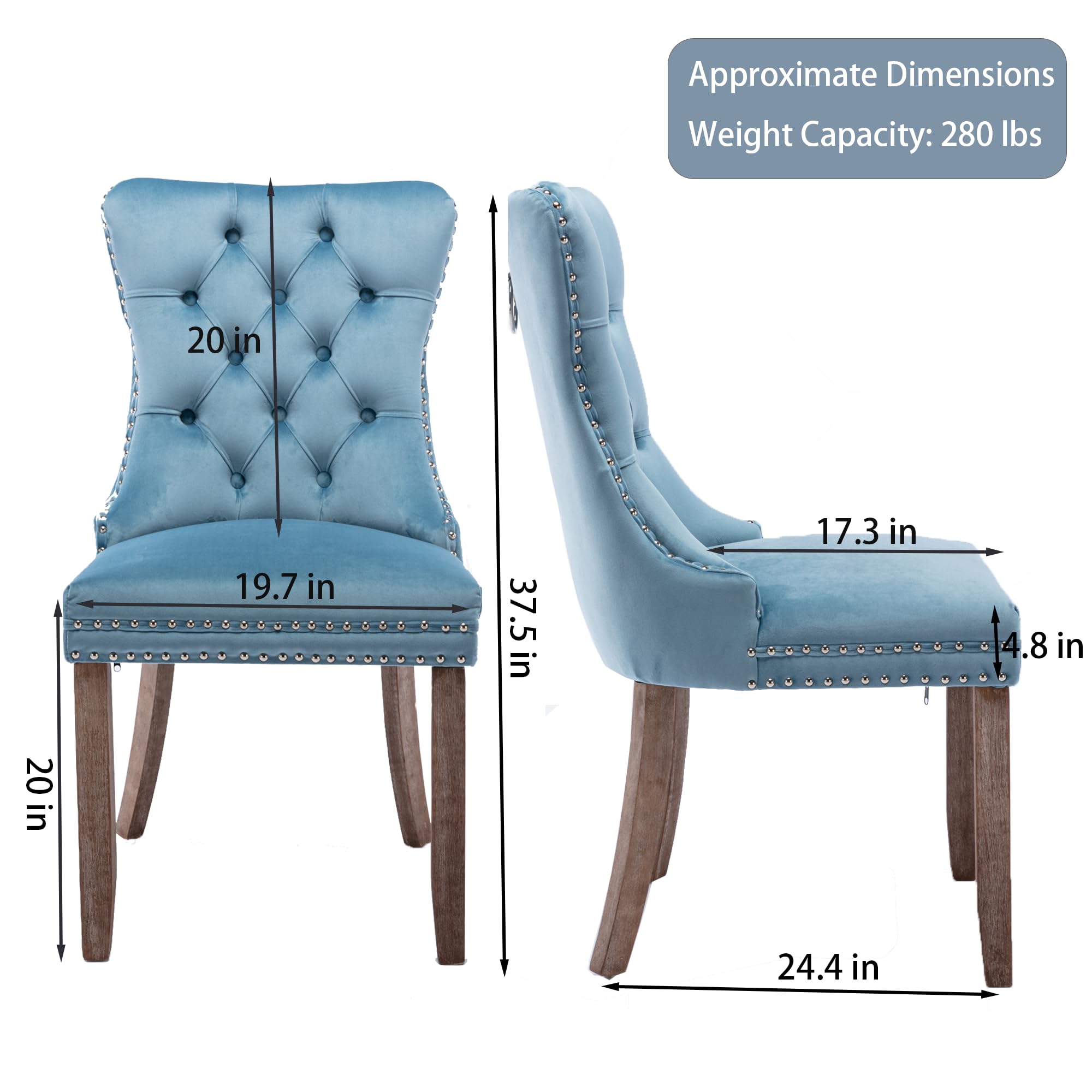 Rhomtree Set of 2 Velvet Dining Chairs - Luxury Tufted Back with Nailhead Trim, Solid Rubber Wood Legs (Light Blue) - Perfect for Kitchen, Dining Room & Home Decor
