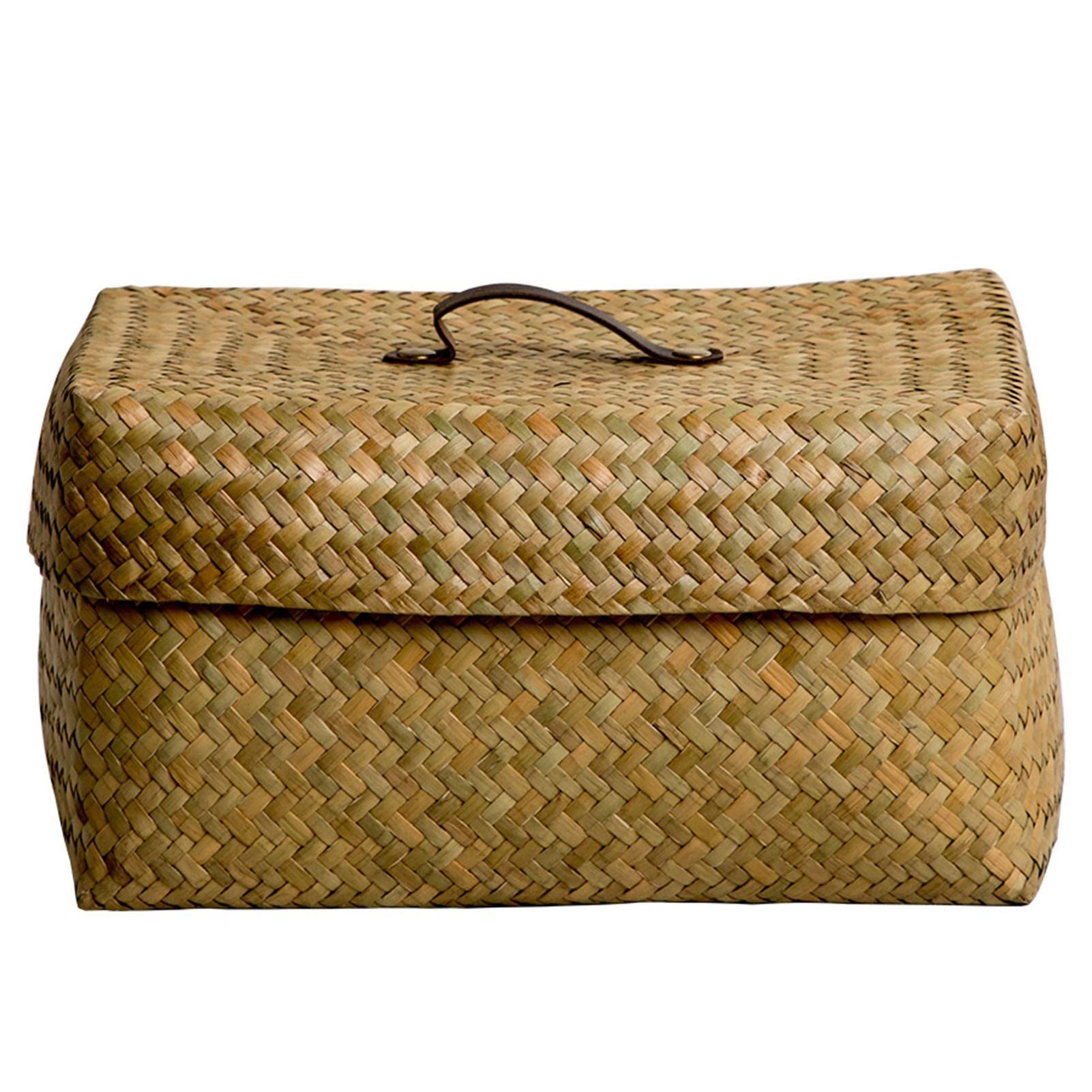 BZGKNUL Large Seagrass Woven Storage Basket with Lid - Handwoven Rattan & Bamboo Desktop Organizer for Home, Office, Nursery, or Bathroom Storage