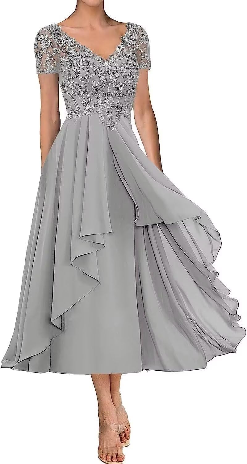 Elegant Mother of The Bride Dresses - Tea Length Wedding Gown with Lace Appliques, Chiffon Fabric, Short Sleeve & V-Neck for Formal Evening Events | Perfect for Weddings, Receptions, and Special Occasions