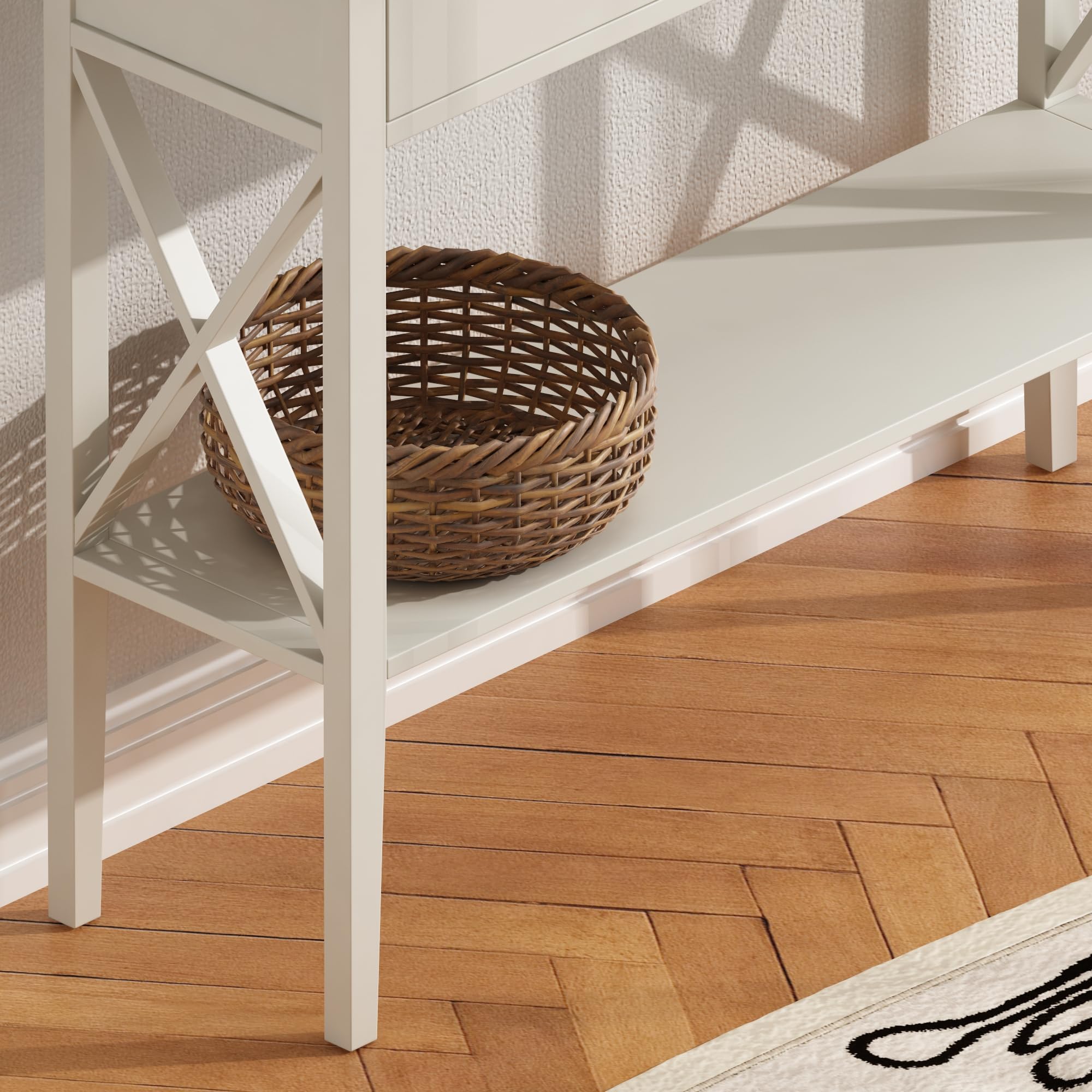 ChooChoo Farmhouse Console Table with Drawers - Narrow Wooden Sofa Table for Entryway, Hallway & Living Room - Antique White & Brown Finish - Perfect for Small Spaces & Home Decor Storage