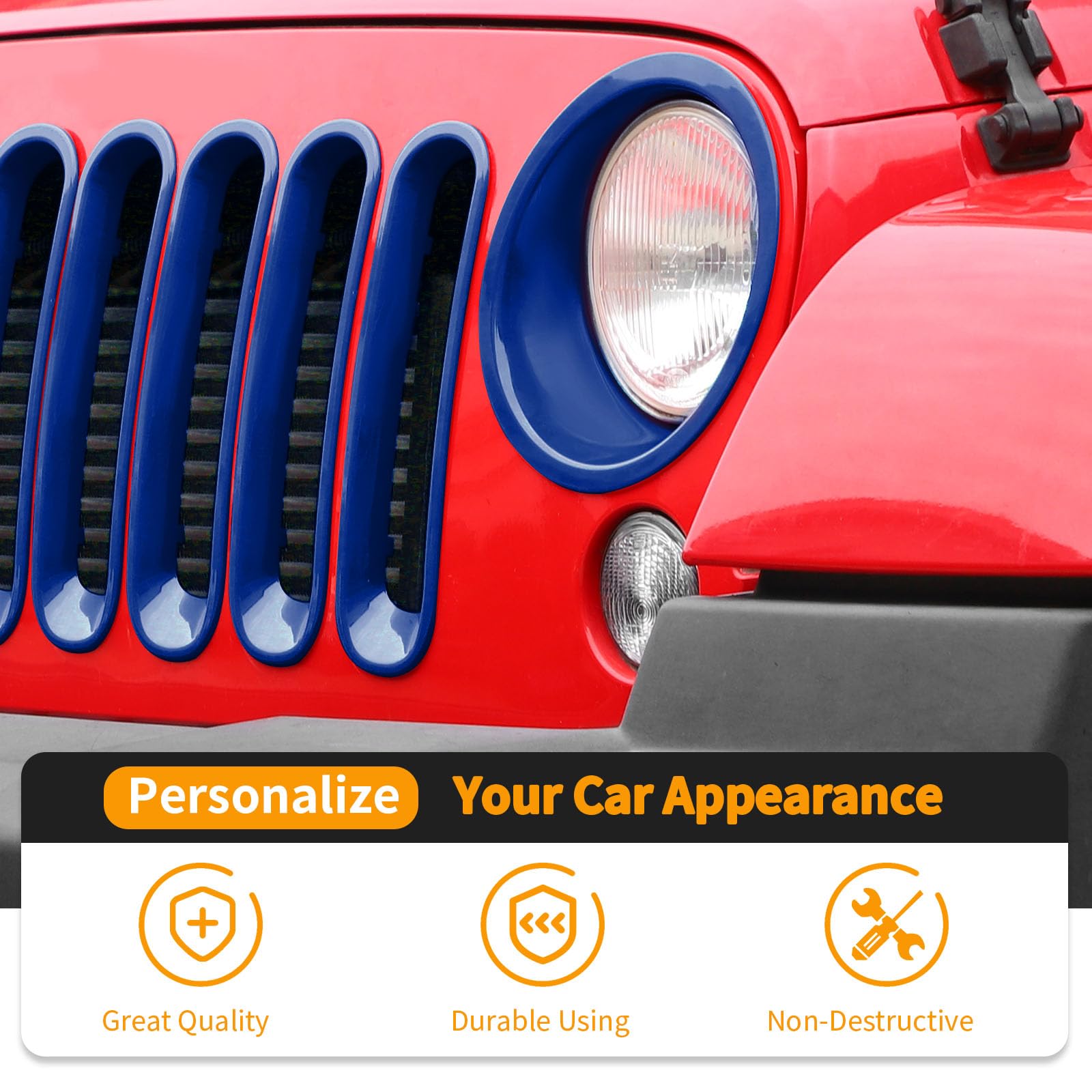 Hoolcar Front Grille Insert Cover & Headlight Bezel Cover Trim for Jeep Wrangler JK JKU 2007-2017 - Blue Exterior Accessories - Perfect for Off-Roading & Custom Car Styling