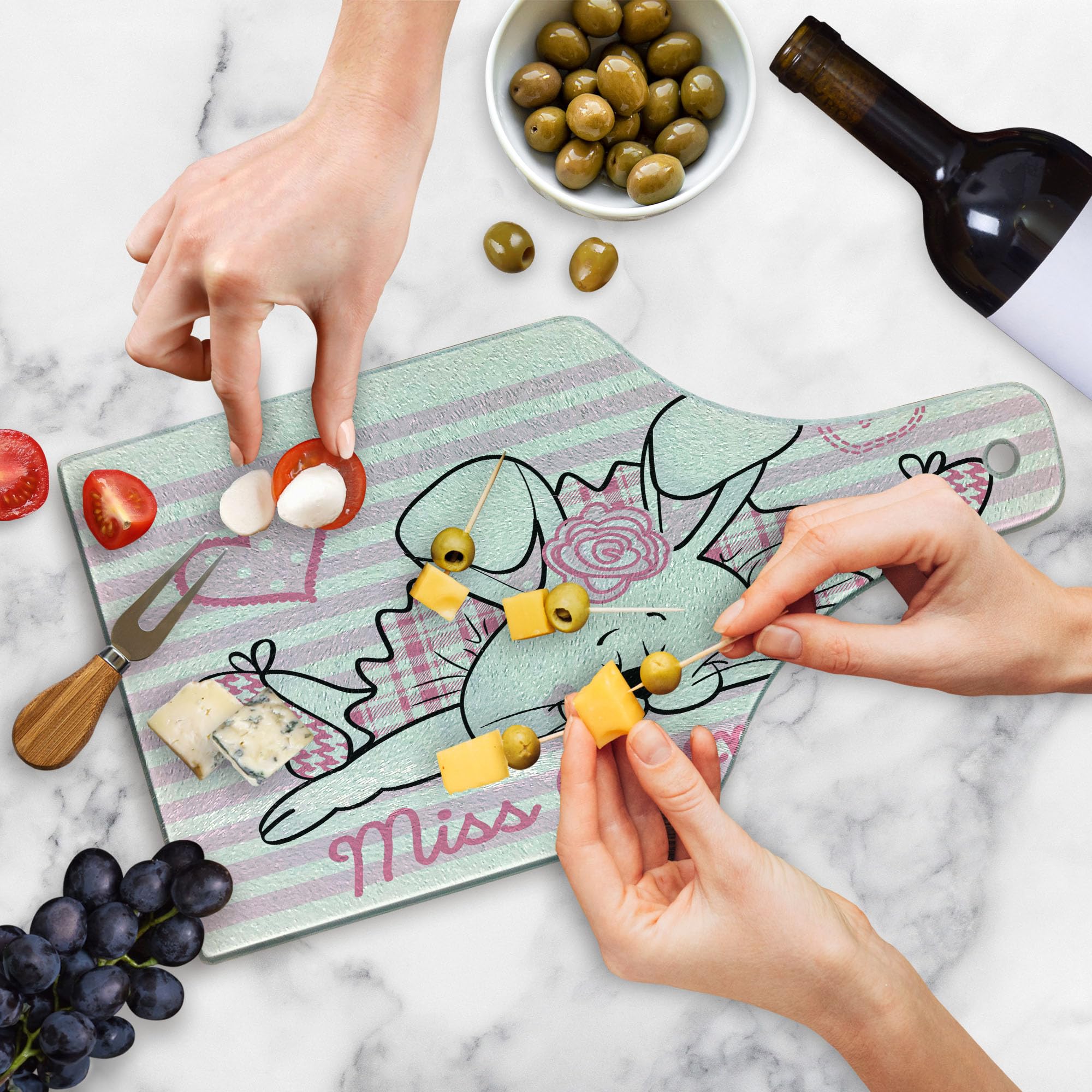 Ambesonne Retro Tempered Glass Cutting Board - Valentine's Day Miss Bunny Hoop in Love Romantic Rabbit Design, Decorative Serving Board for Cheese, Charcuterie & Wine (Pale Pink & White, Wine Bottle Shape) | Perfect for Valentine's Gifts, Bridal Showers & Romantic Dinners