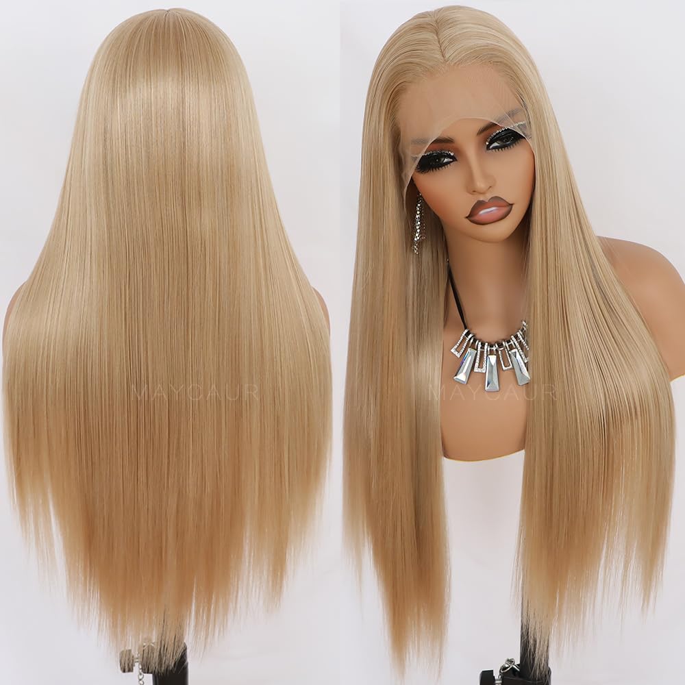 Maycaur Blonde Lace Front Wigs for Black Women - Pre Plucked Hairline, Glueless Straight Synthetic Wig, Heat Resistant 24 Inch Long Blonde Hair - Perfect for Daily Wear, Cosplay & Special Occasions