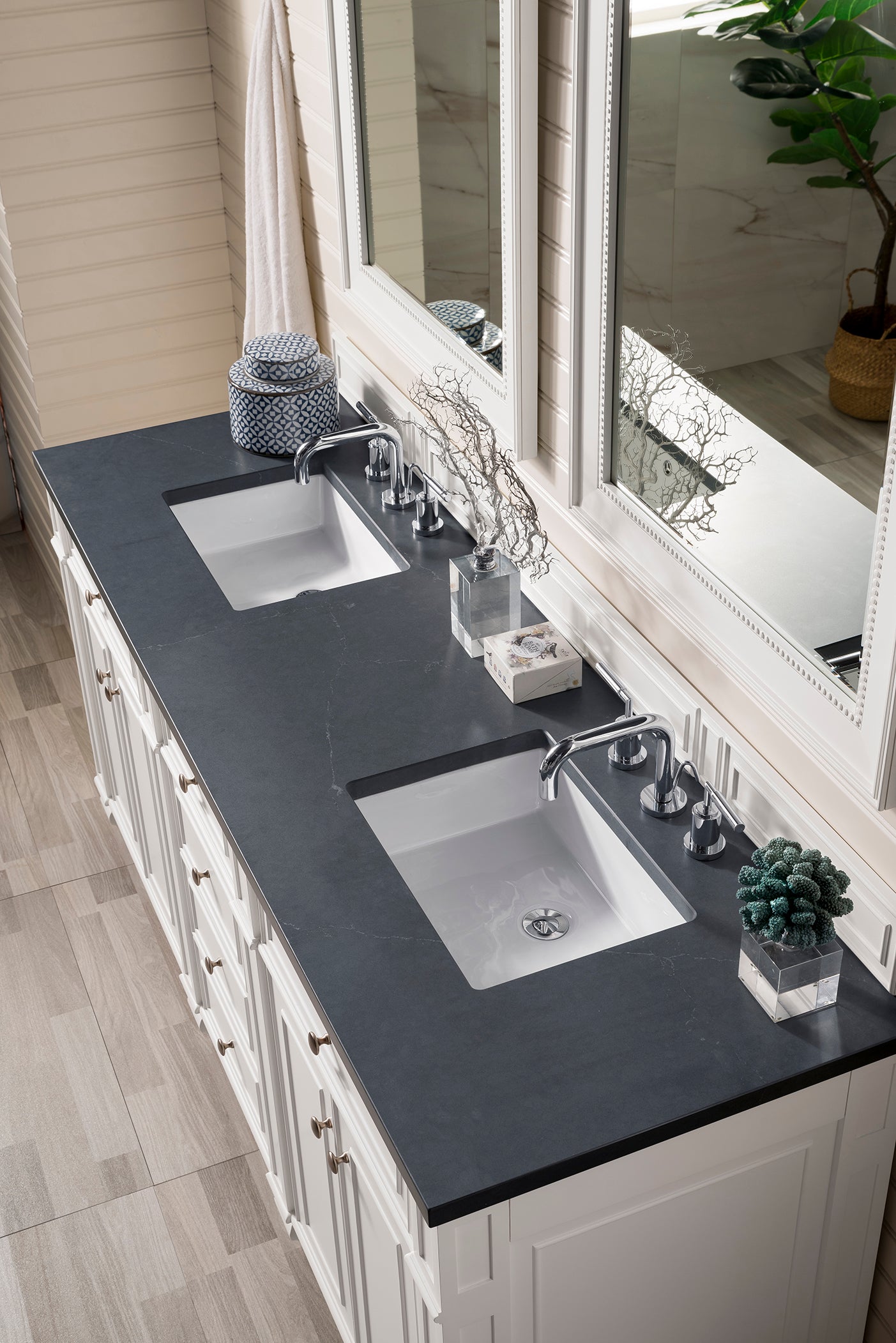 Bristol 72-Inch Double Bathroom Vanity Set with Charcoal Soapstone Quartz Top in Bright White - Perfect for Master Bathroom Renovation & Modern Home Upgrade