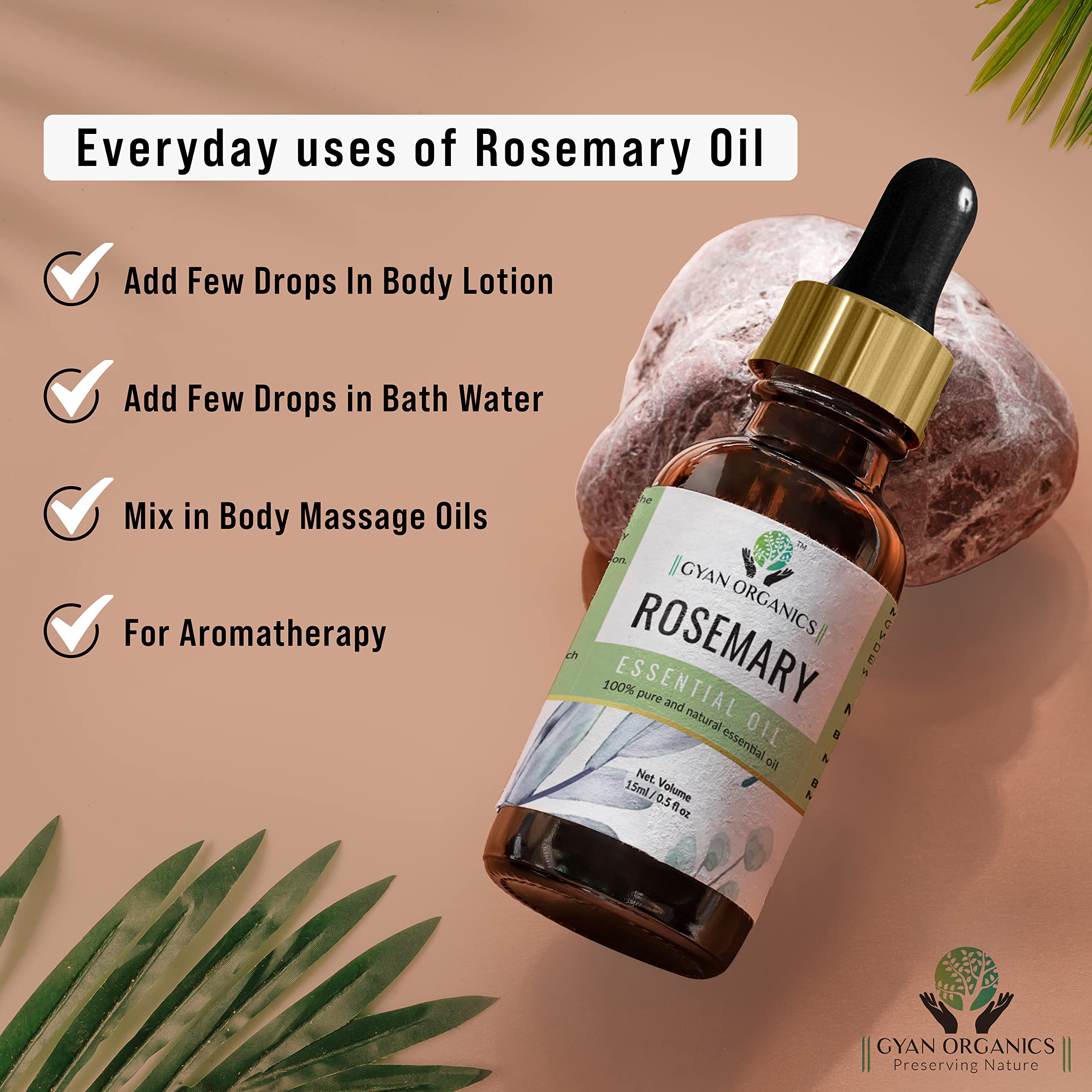 Gyan Organics 100% Pure Rosemary Essential Oil for Hair Growth - 15ml (Pack of 1) | Natural & Undiluted for Dandruff Control, Scalp Nourishment & Healthy Hair | Perfect for DIY Hair Care, Aromatherapy & Massage
