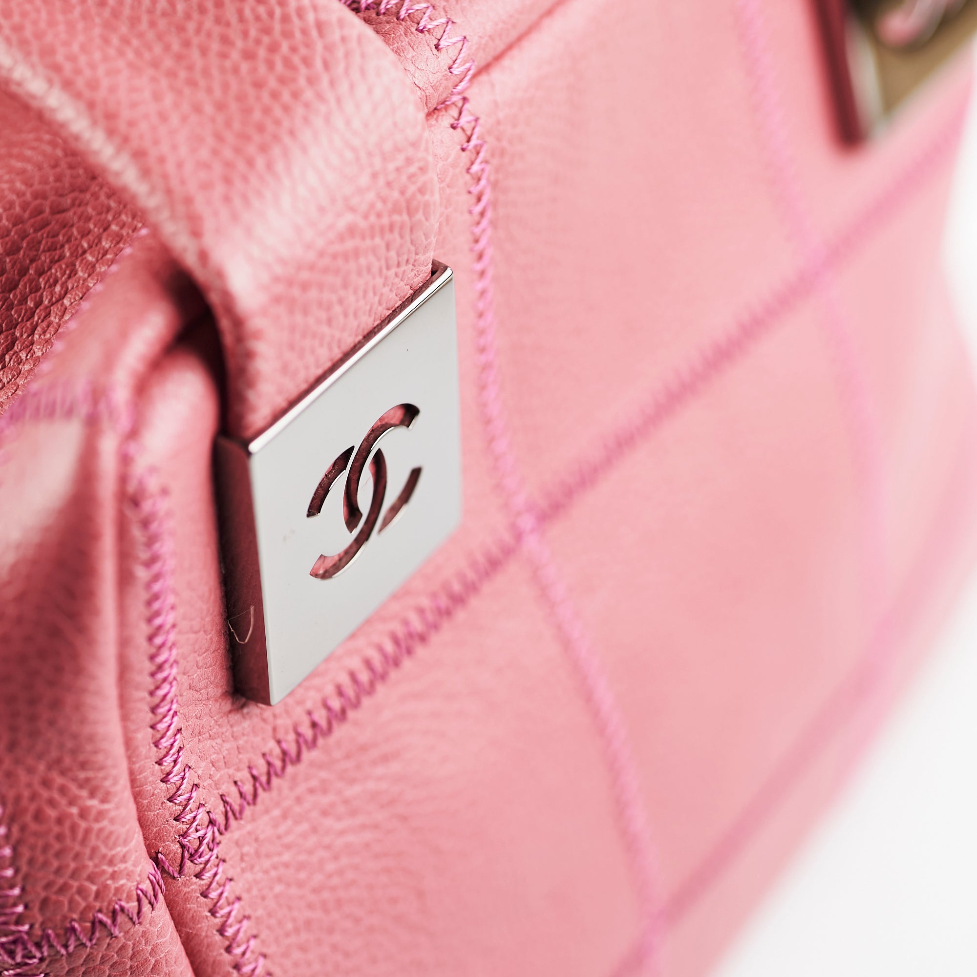 Chanel Caviar Square Stitch Bowler Bag in Pink | Luxury Designer Handbag for Women | Perfect for Parties, Weddings & Special Occasions