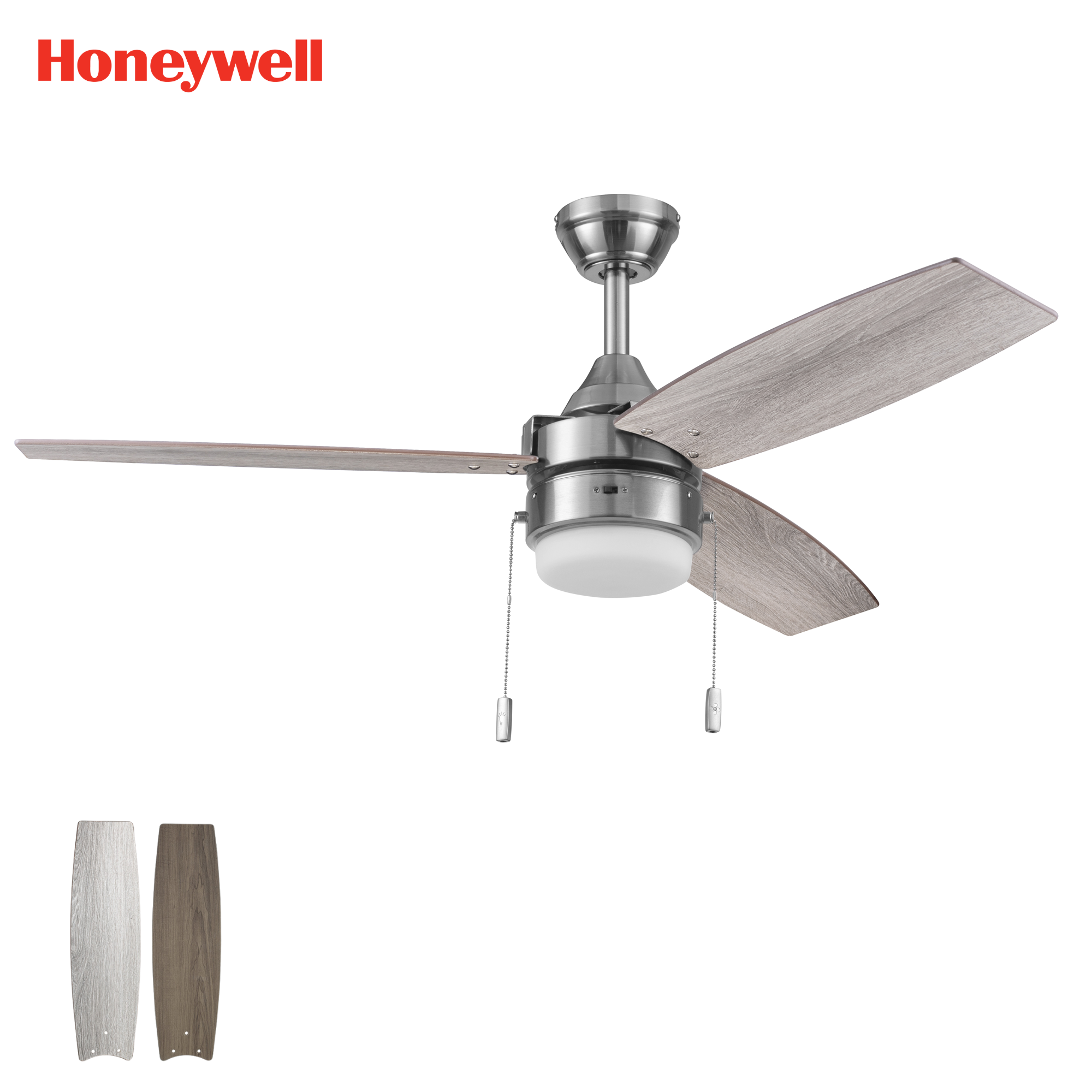 48 Inch Honeywell Berryhill Brushed Nickel Ceiling Fan with Light Kit & Pull Chain - Perfect for Living Room, Bedroom, and Outdoor Patio Cooling