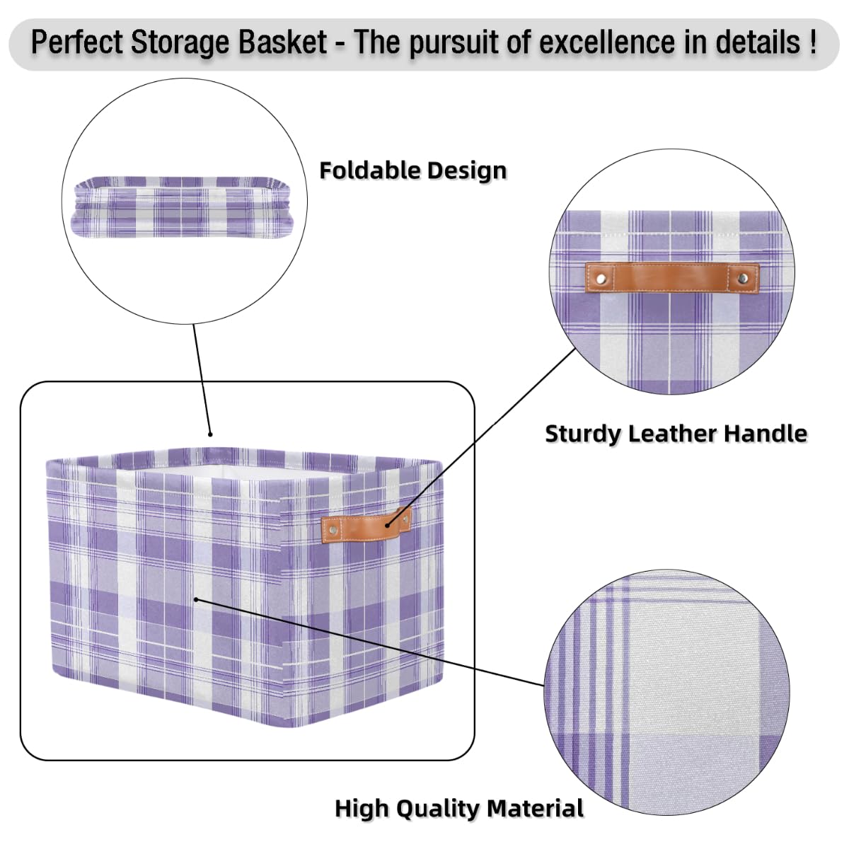 Purple Lavender & White Plaid Foldable Storage Baskets with Handles - 2 Pack Decorative Organizer Bins for Shelves, Home & Office Organization | Perfect for Bedroom Closet, Bathroom & Laundry Room Storage