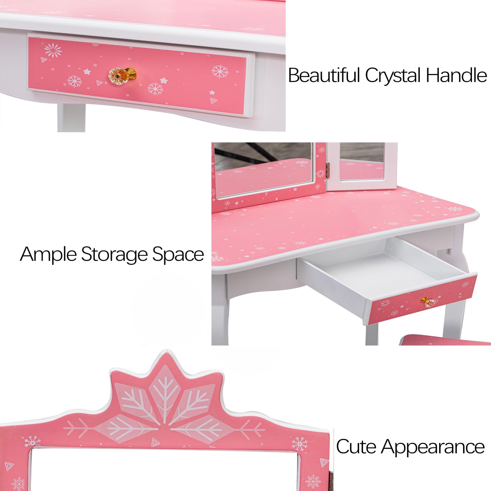 Memoryfield Kids Vanity Set - Wooden Princess Makeup Dressing Table with Mirror, Stool & Drawer | 2-in-1 Toddler Vanity for Girls | Pretend Play, Birthday Gift & Bedroom Decor (Pink/White) - Perfect for Playroom, Nursery or Girls' Bedroom