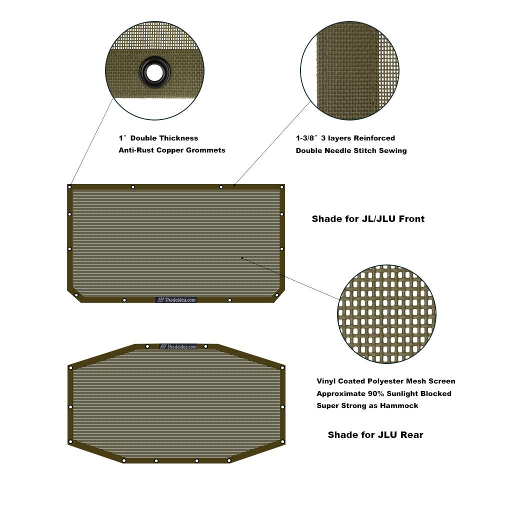 Shadeidea Jeep Wrangler JL (2018-2023) 4-Door Sun Shade Top - Front & Rear Mesh Screen Cover with UV Protection | Tank Green JLU Sunshade | Includes Grab Bag Pouch & 10-Year Warranty | Perfect for Off-Roading, Beach Trips & Summer Driving