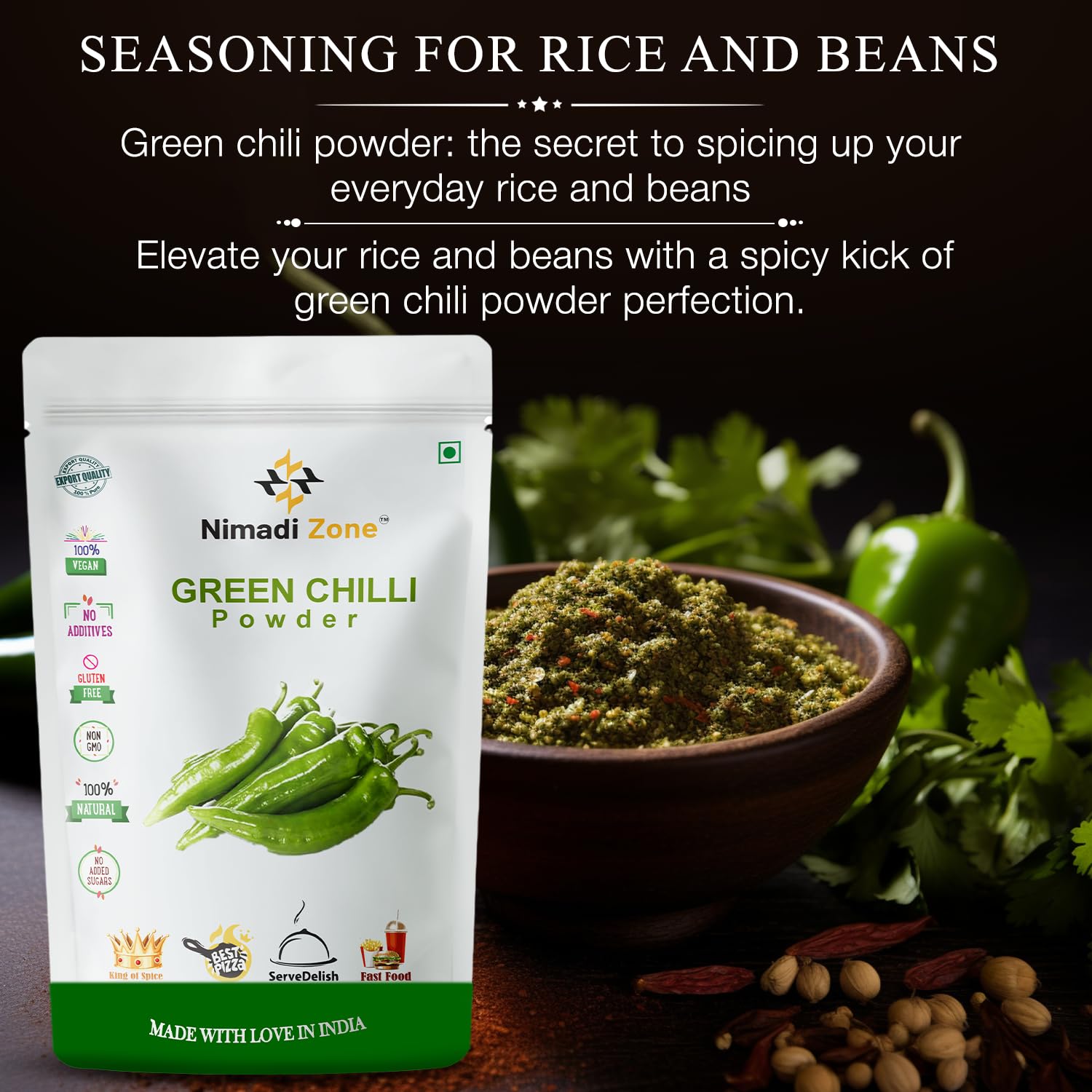 Nimadi Zone Premium Green Chilli Powder (Hari Mirchi Powder) - 500g | Authentic Indian Spice for Cooking, Curry, Chutney & Traditional Dishes | Great for Home Chefs & Restaurant Use