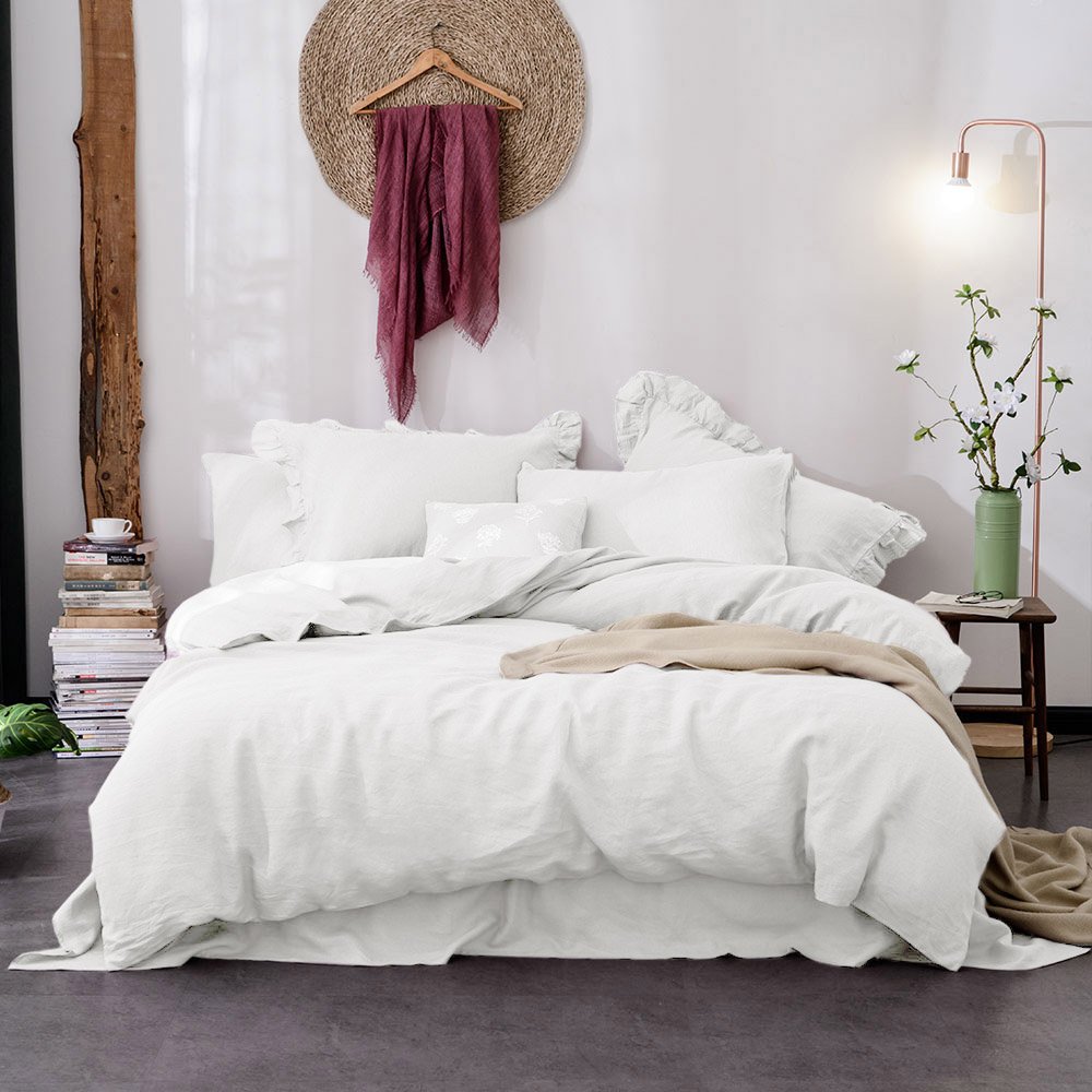 Merryfeel 100% French Linen Duvet Cover Set Queen Size - Breathable & Soft Bedding Set in Classic White | Perfect for Master Bedroom, Guest Room & Luxury Hotel Decor