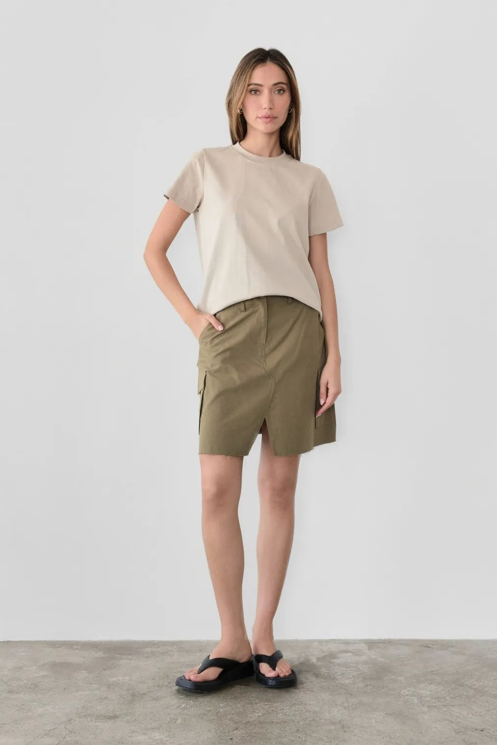 Stylish Olive Slit Skirt with Pockets - Women's High Waist A-Line Midi Skirt for Casual & Office Wear | Perfect for Work, Dates & Everyday Outfits