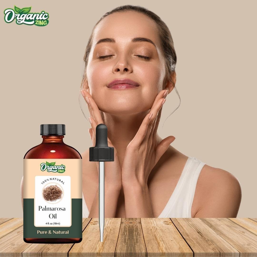 Pure Organic Palmarosa Essential Oil (Cymbopogon Martinii) - 100% Natural Aromatherapy Oil for Diffusers, Skincare & Haircare - 3.99 fl oz - Perfect for Relaxation, Massage & DIY Beauty Products