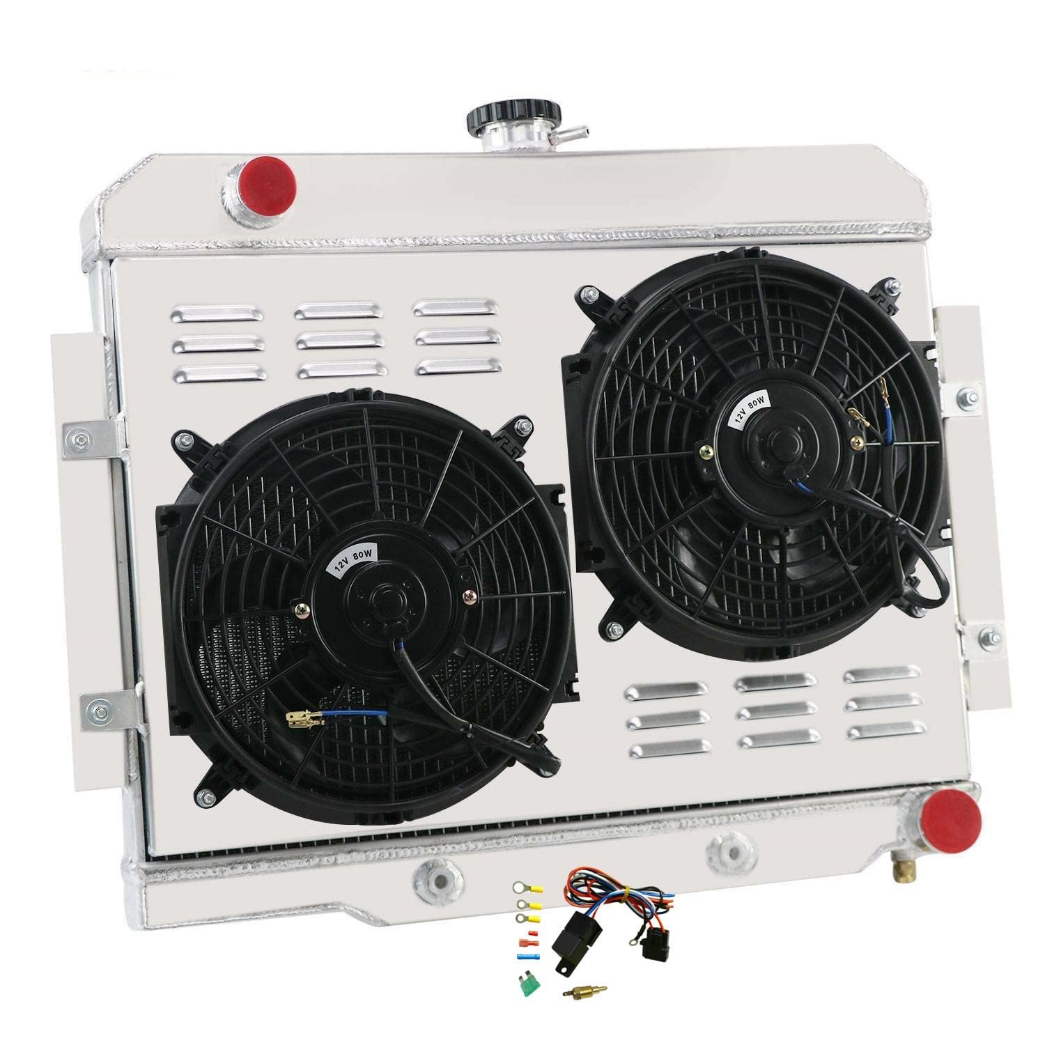 High-Performance All Aluminum Radiator for 1972-1986 Jeep CJ5 CJ6 CJ7 & Chevy SBC V8 - 4 Row Cooling System with Shroud & Fan Relay Kit - Perfect for Off-Roading, Overlanding & Hot Climate Driving