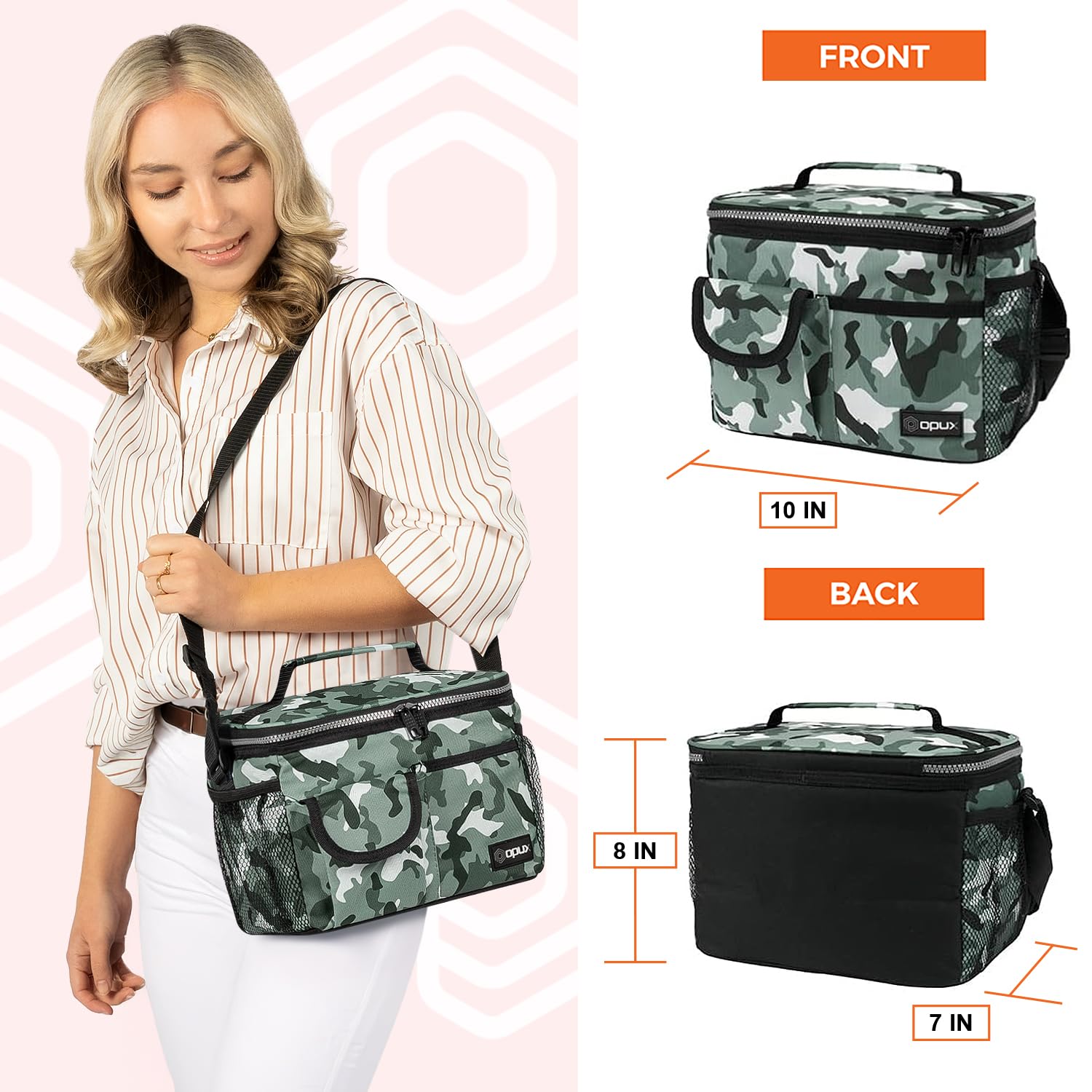 Opux Insulated Lunch Bag for Men & Women - Leakproof Camo Green Lunch Box for Work & School - Portable Soft Cooler Bag with Shoulder Strap - Adult & Kids Lunchbox (14 Can/8L Capacity) - Perfect for Office, Picnics & Outdoor Activities